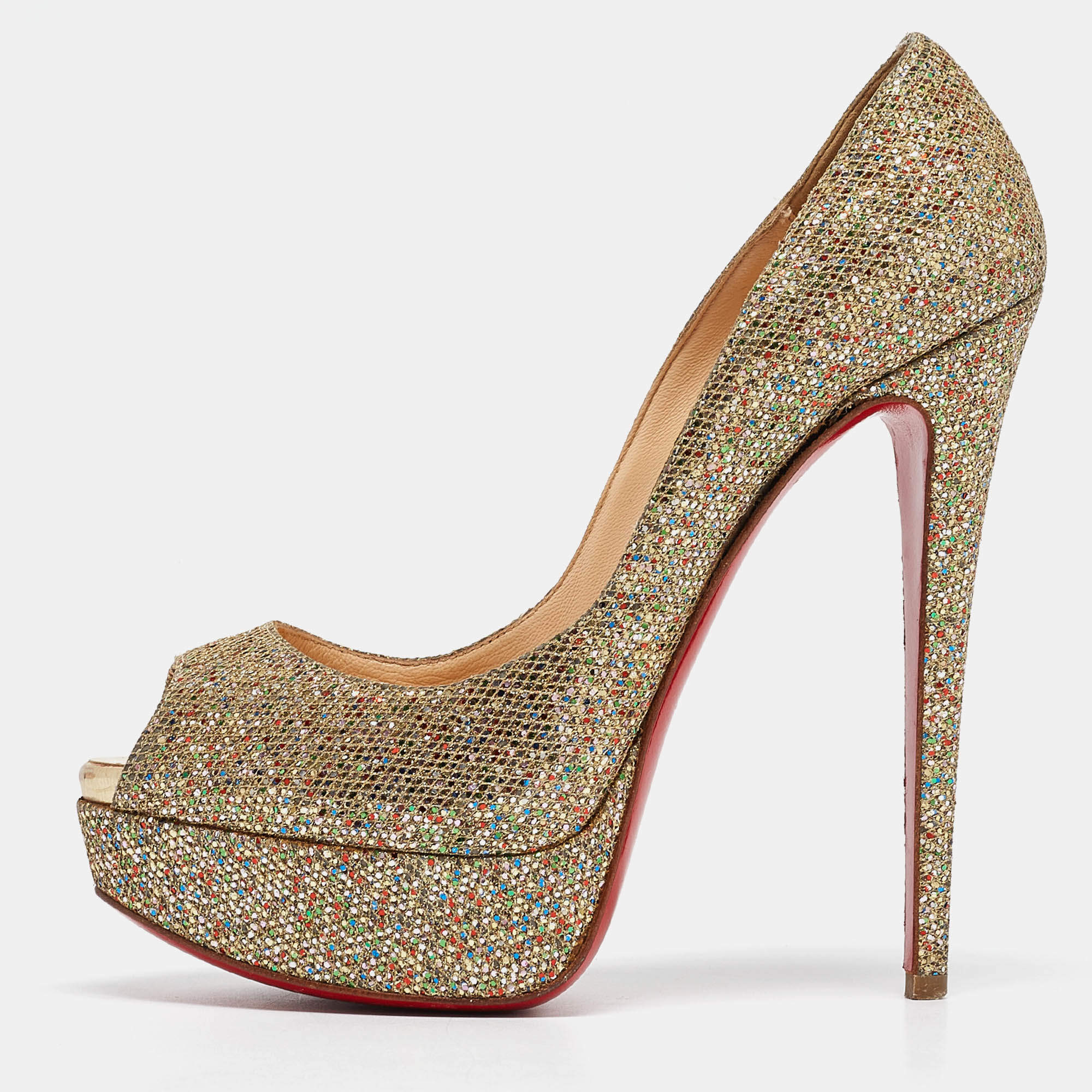 Christian Louboutin Gold Glitter Lady Peep Toe Pumps Size 36.5