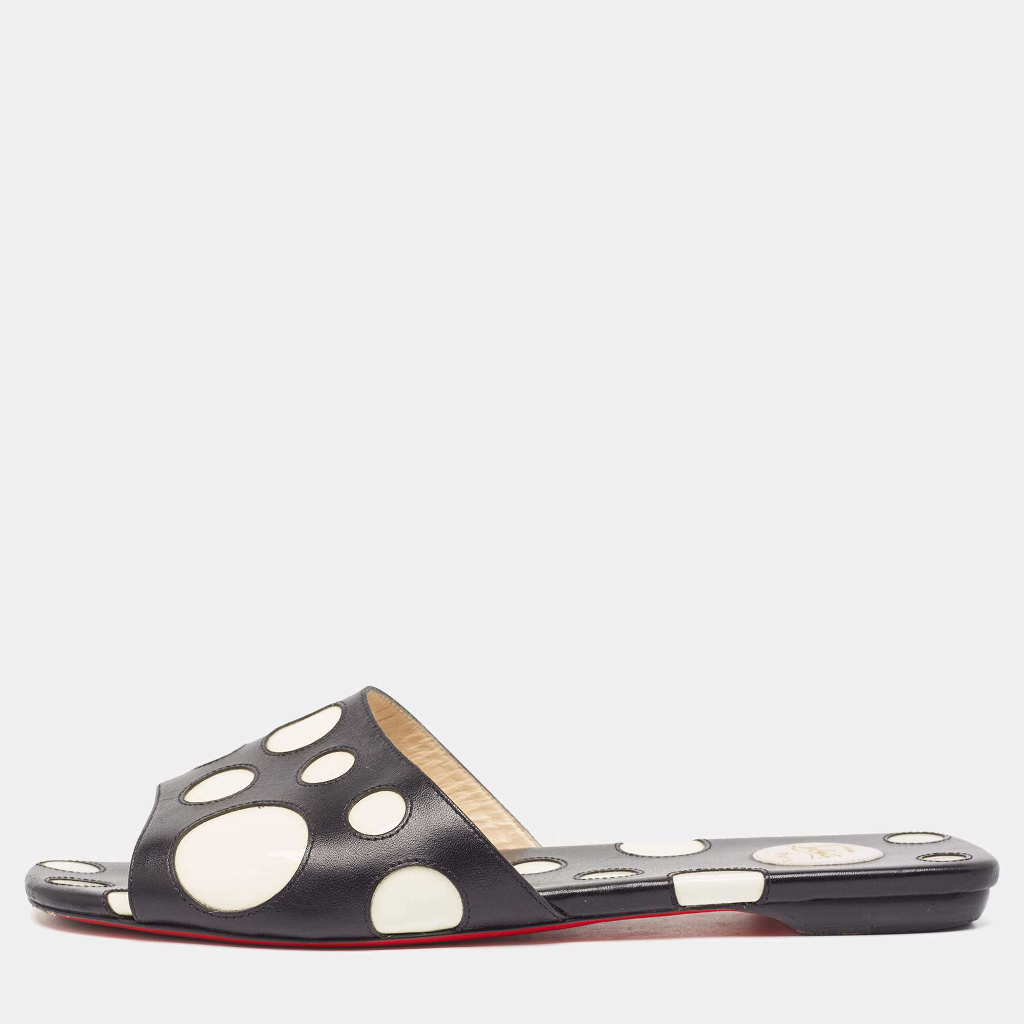 Christian Louboutin Black/White Leather and Patent Polka Dot Flat Slides Size 40