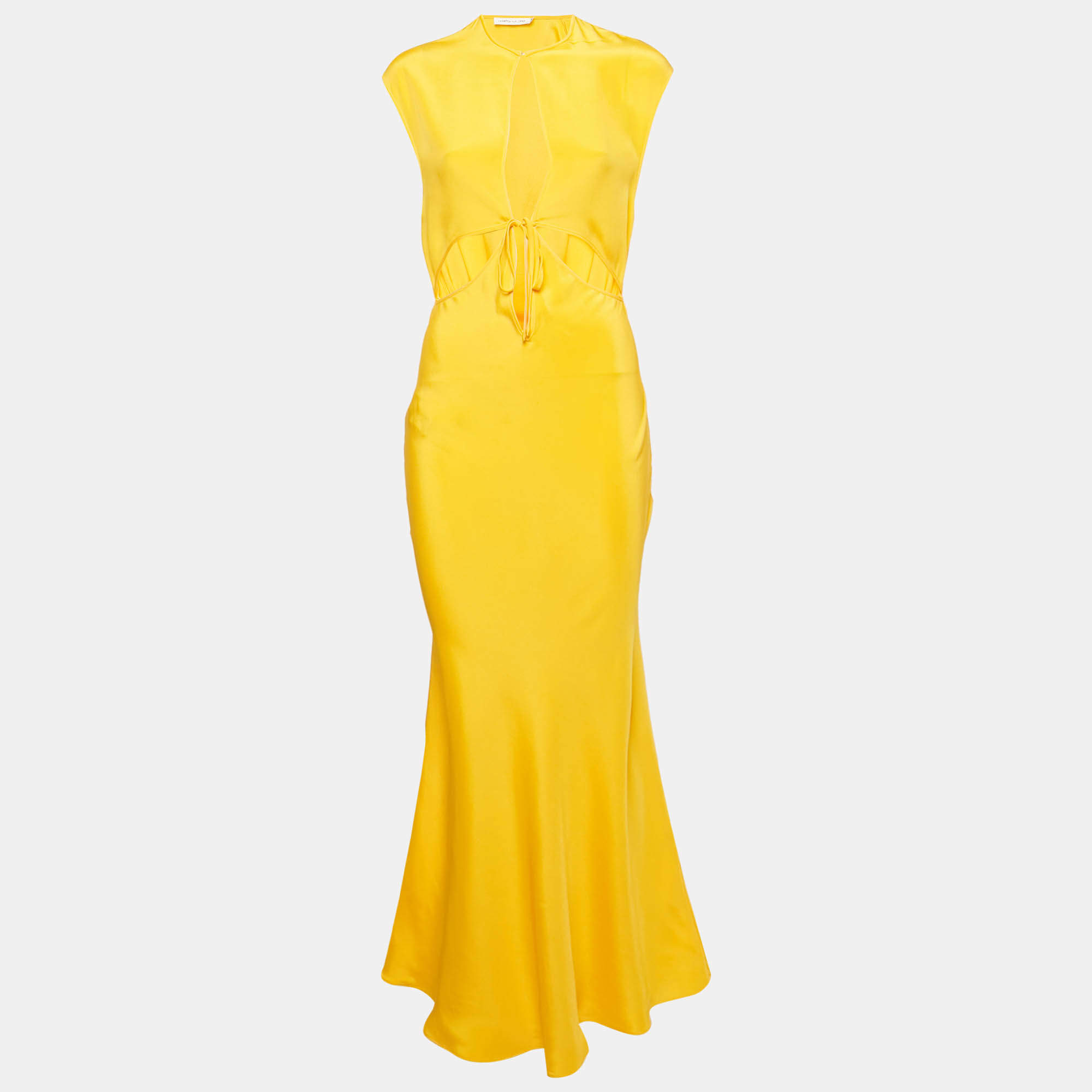 مملوكة مسبقًا فستان كريستوفر إيسبر طويل قماش كريب حرير أصفر بتفاصيل مفتوحة ميديوم