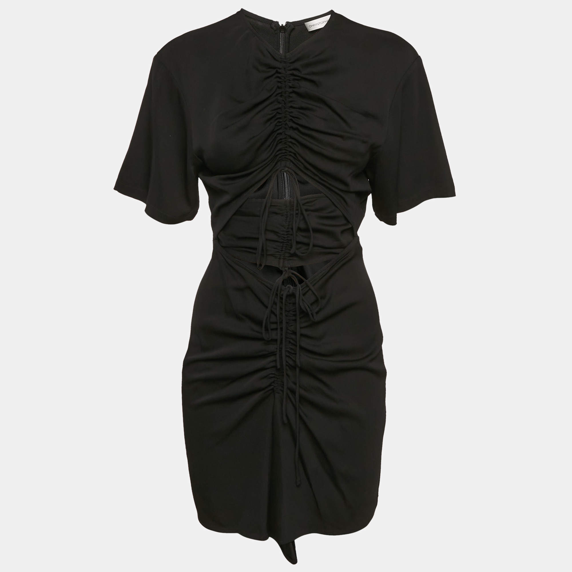 Pre Owned Christopher Esber Black Stretch Crepe Cut-Out Ruche Tie Up Mini Dress S