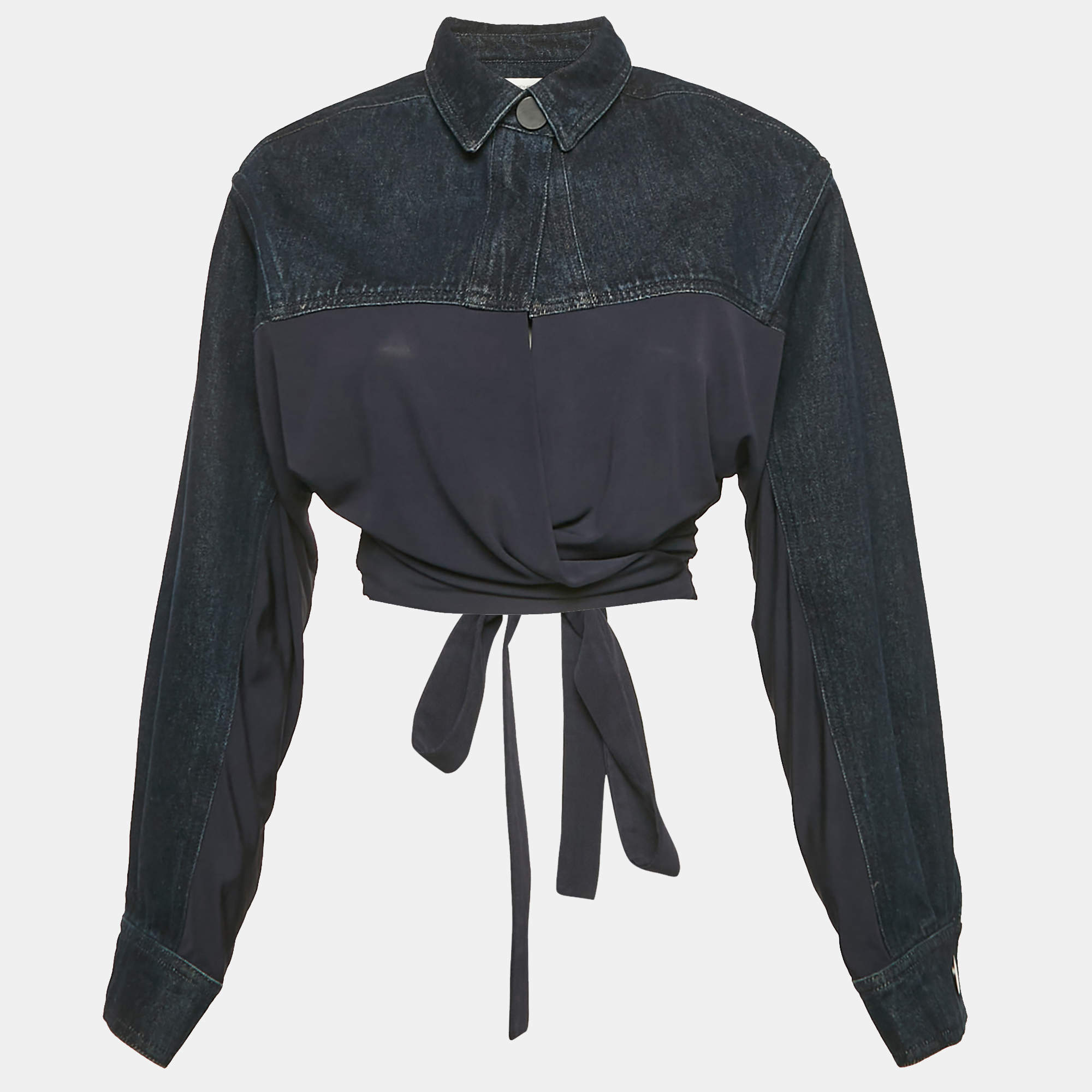 مملوكة مسبقًا Christopher Esber Navy Blue Sevilla Crop Denim Wrap Top M