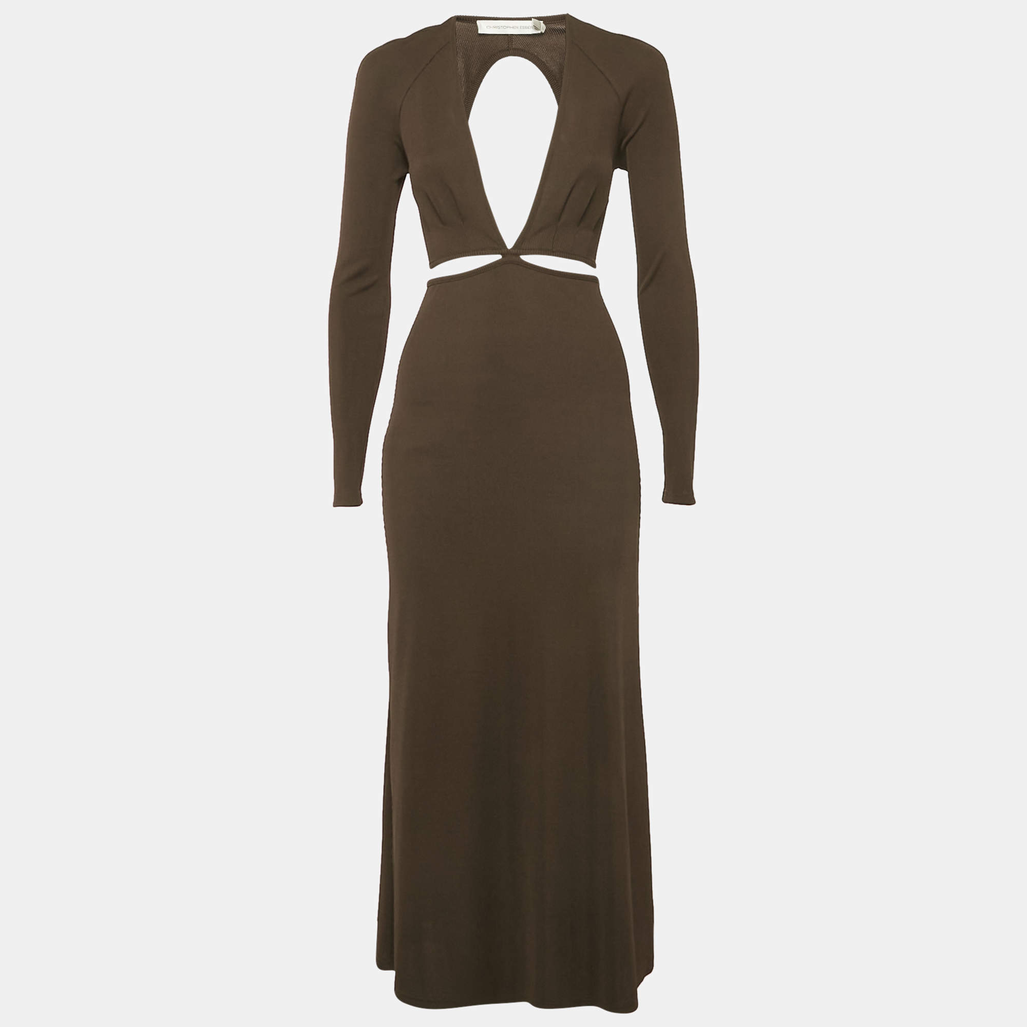 Christopher Esber Brown Rib Knit Cut-Out Midi Dress XS