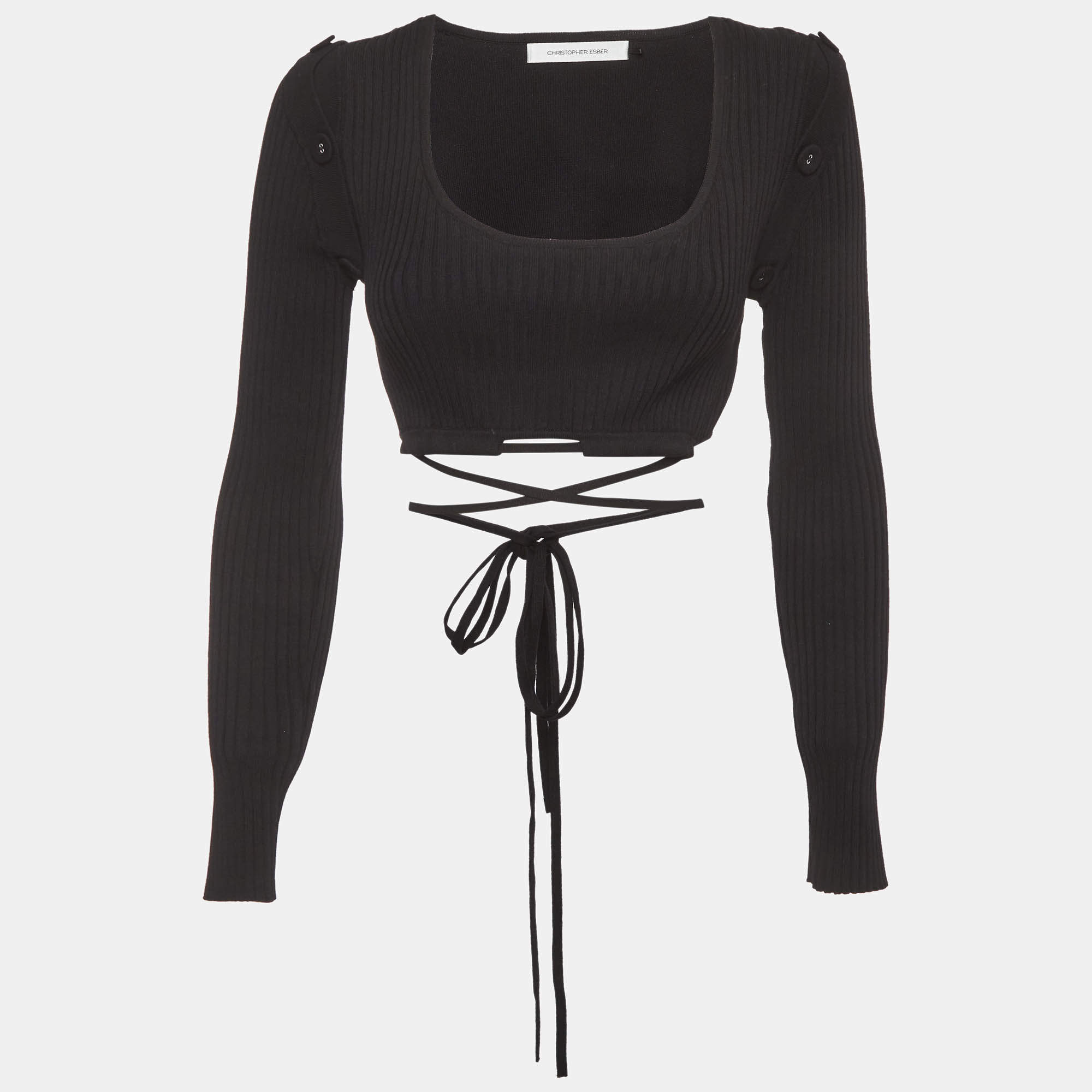 Pre Owned Christopher Esber Black Rib Knit Tie-Up Detail Crop Top XS