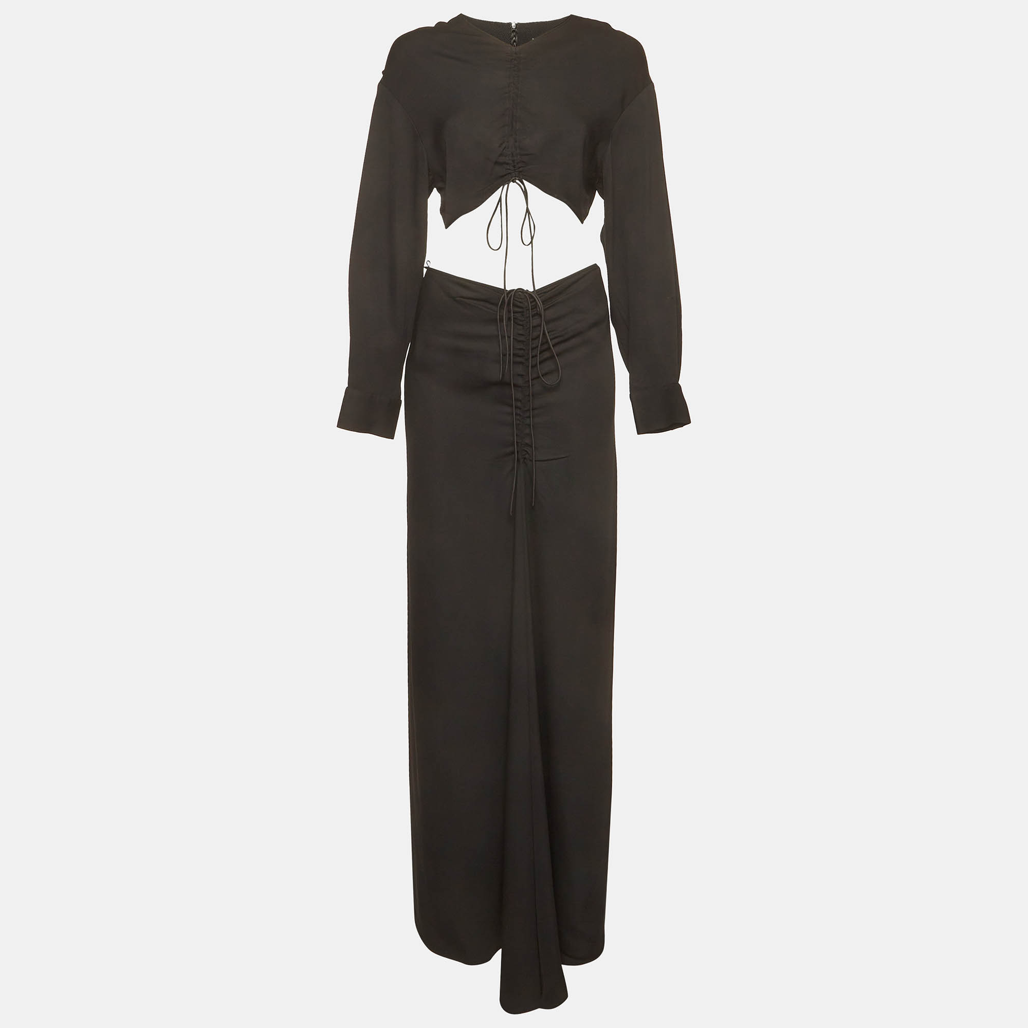 Pre Owned Christopher Esber Black Stretch Crepe Ruched Crop Top & Skirt Set M