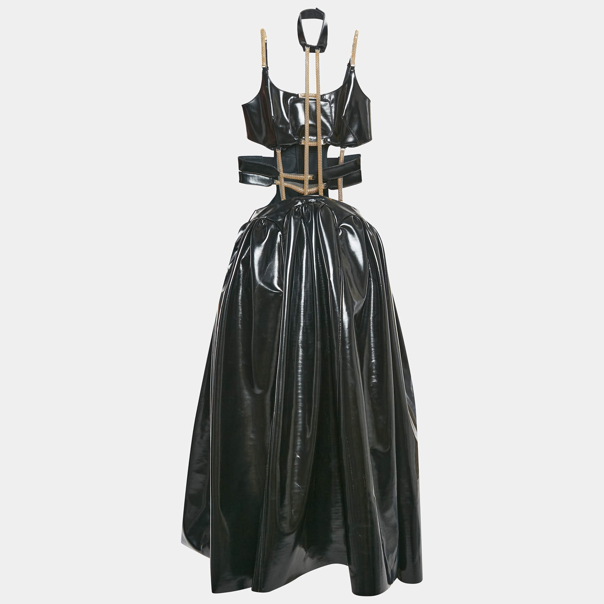 Christopher Kane Black Faux Leather Cut-Out Strap Detail Maxi Dress S 