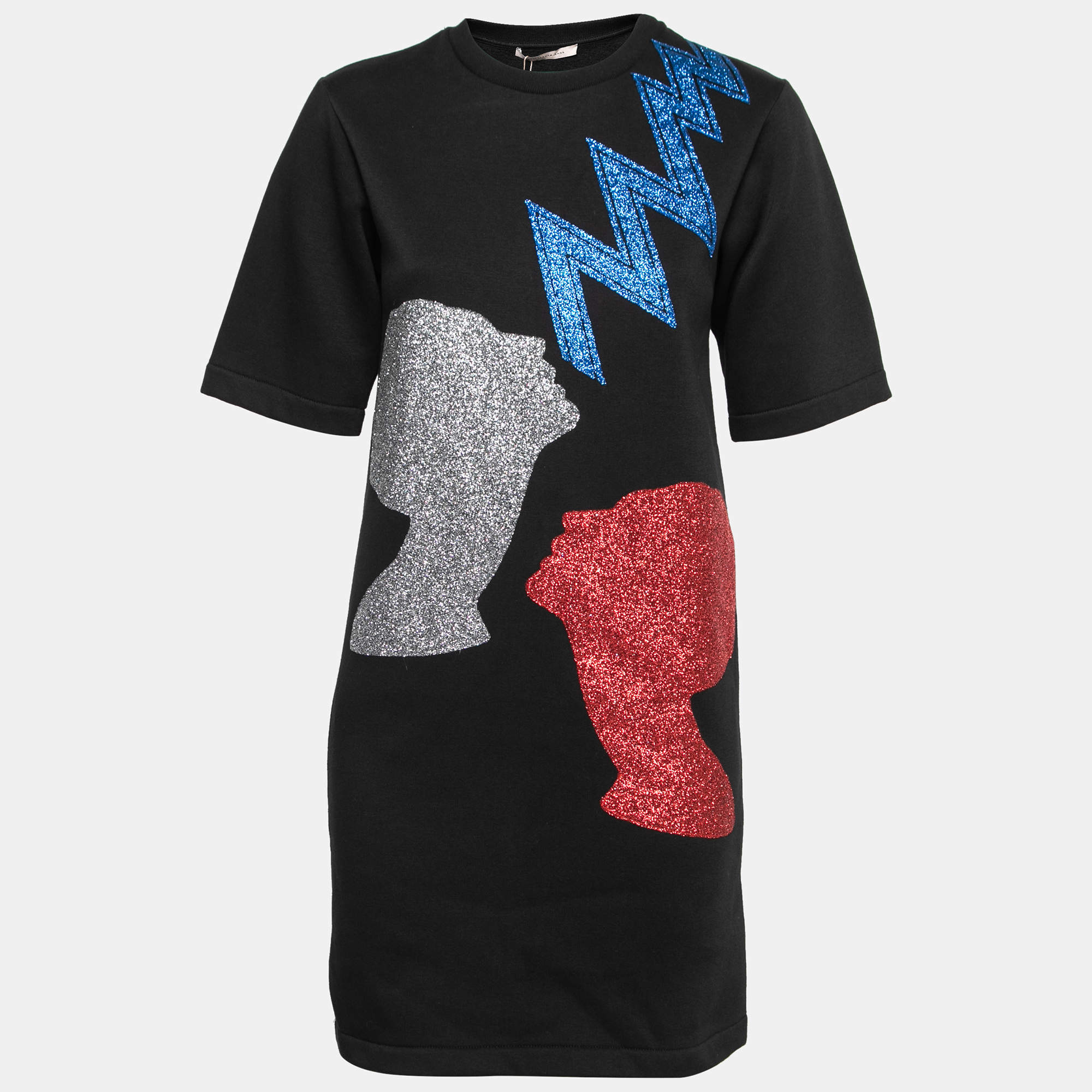 Christopher Kane Black Glitter Heads and Lightning Print Short Sleeve Sweatshirt Dress XS