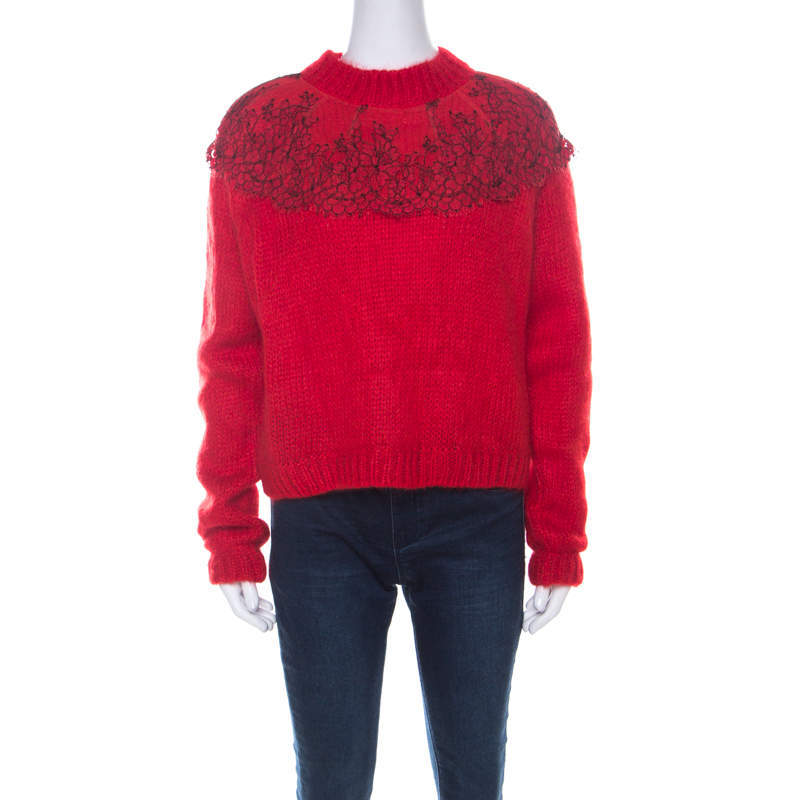 Pre Owned Christopher Kane Red Mohair Wool Blend Lace Applique Sweater L 