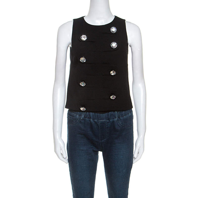 Christopher Kane Black Crepe Large Crystal Detail Sleeveless Top S
