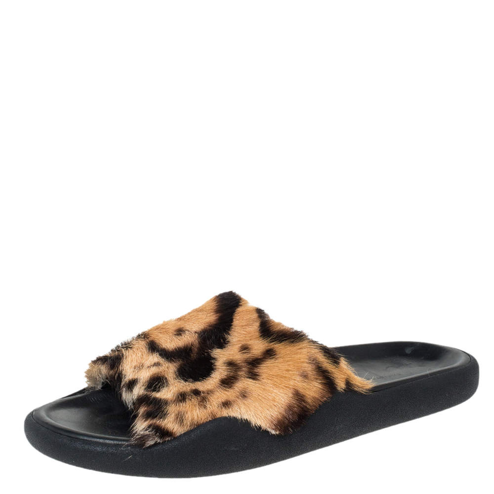 Christopher Kane Brown Leopard Print Fur Pool Slides Size 38