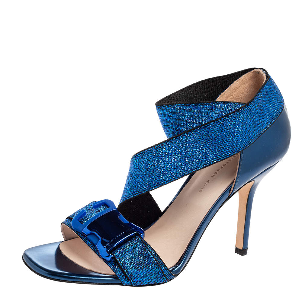 Christopher Kane Metallic Blue Leather And Lurex Fabric Crisscross Ankle Strap Sandals Size 38