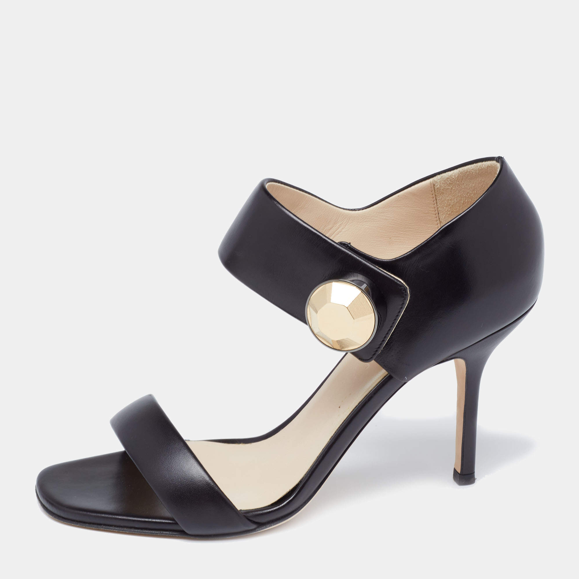 Pre Owned Christopher Kane Black Leather Metal Detail Sandals Size 39