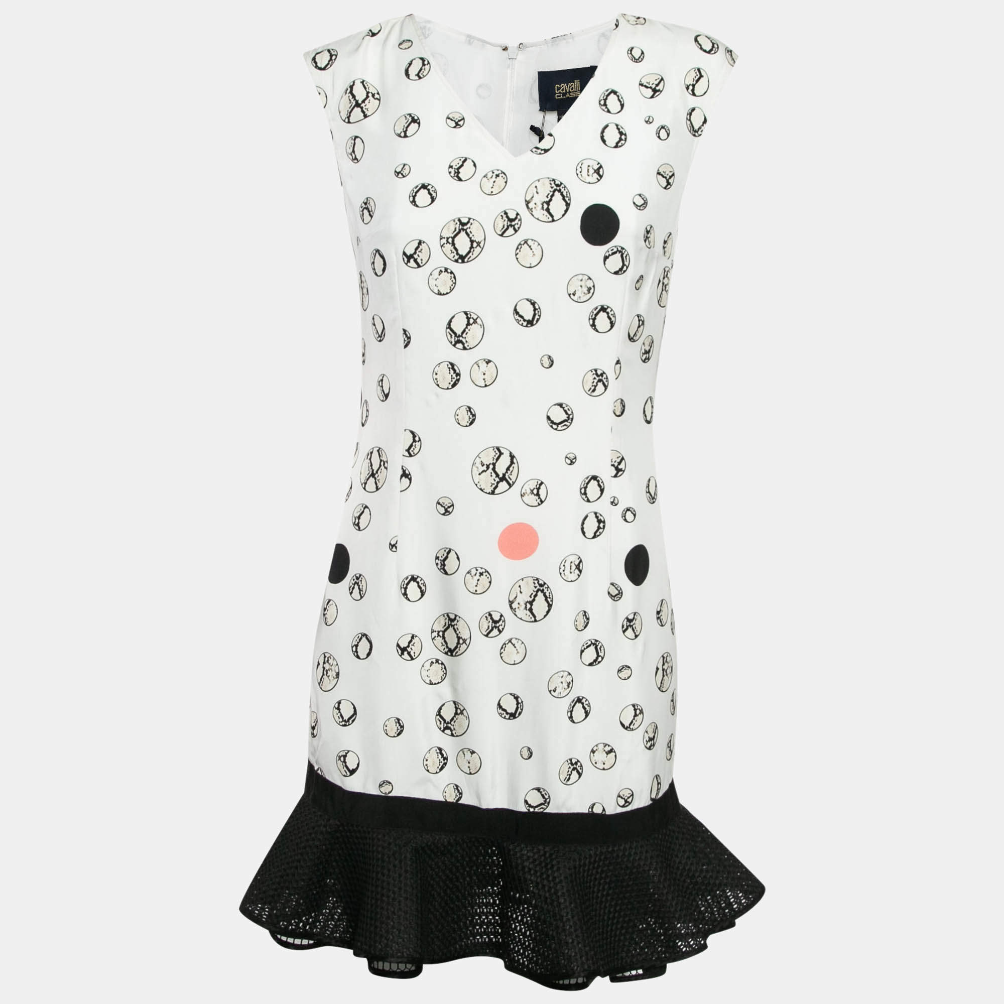 Class by Roberto Cavalli White Printed Crepe Tulle Ruffle Hem Detail Mini Dress M