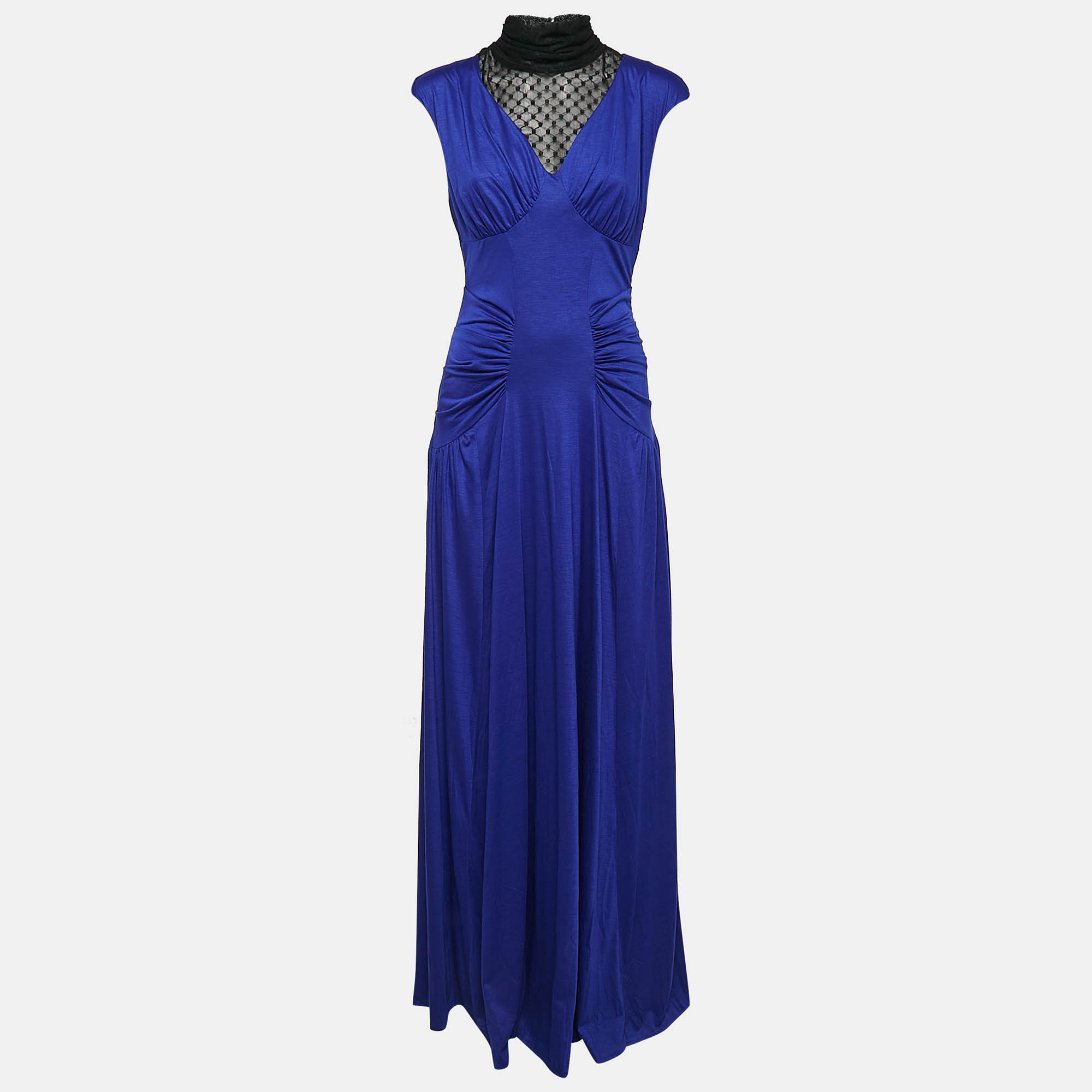 Pre Owned Class by Roberto Cavalli Blue Tulle Trim Jersey Ruched Maxi Dress M