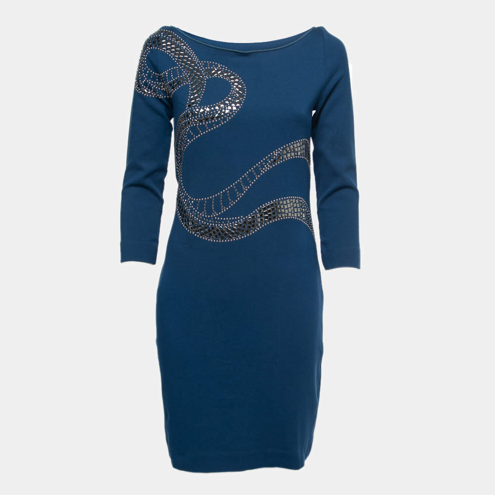 Pre Owned Class by Roberto Cavalli Blue Knit Stud Embellished Long Sleeve Dress M