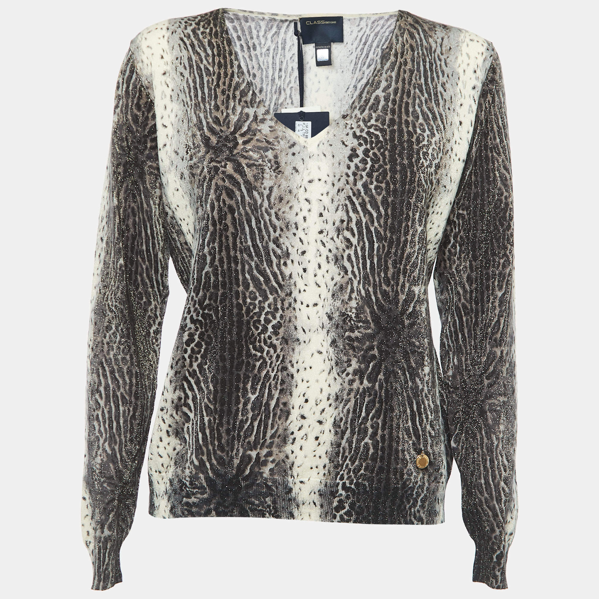 Pre Owned Class by Roberto Cavalli Multicolor Animal Printed Knit V-Neck Jumper 2XL