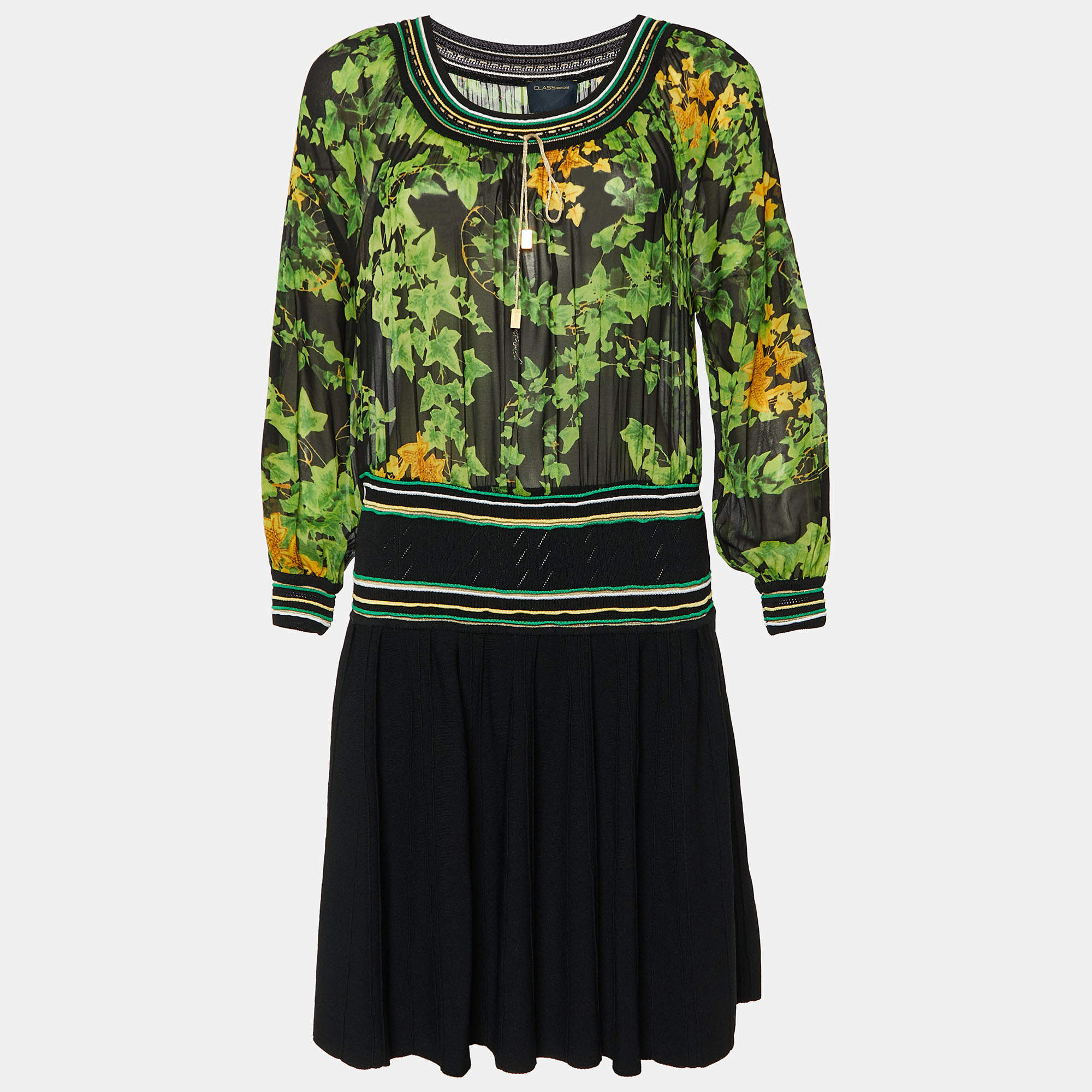 Pre Owned Class by Roberto Cavalli Black Knit& Printed Silk Midi Dress M