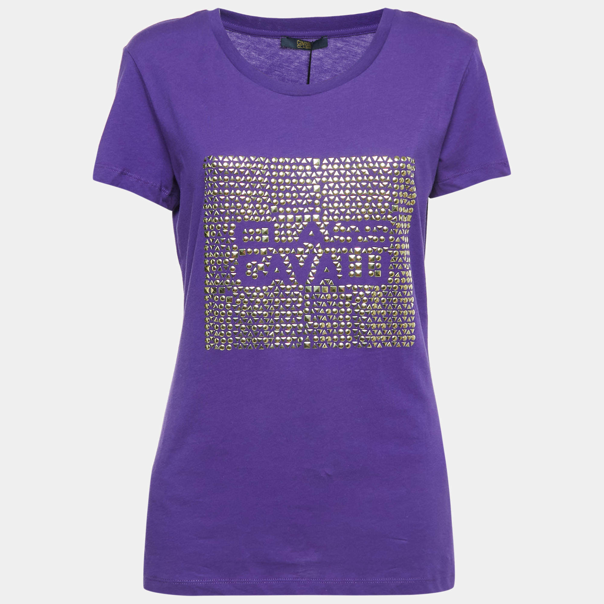 Pre Owned Class by Roberto Cavalli Studded Purple Short Sleeve T-Shirt XL