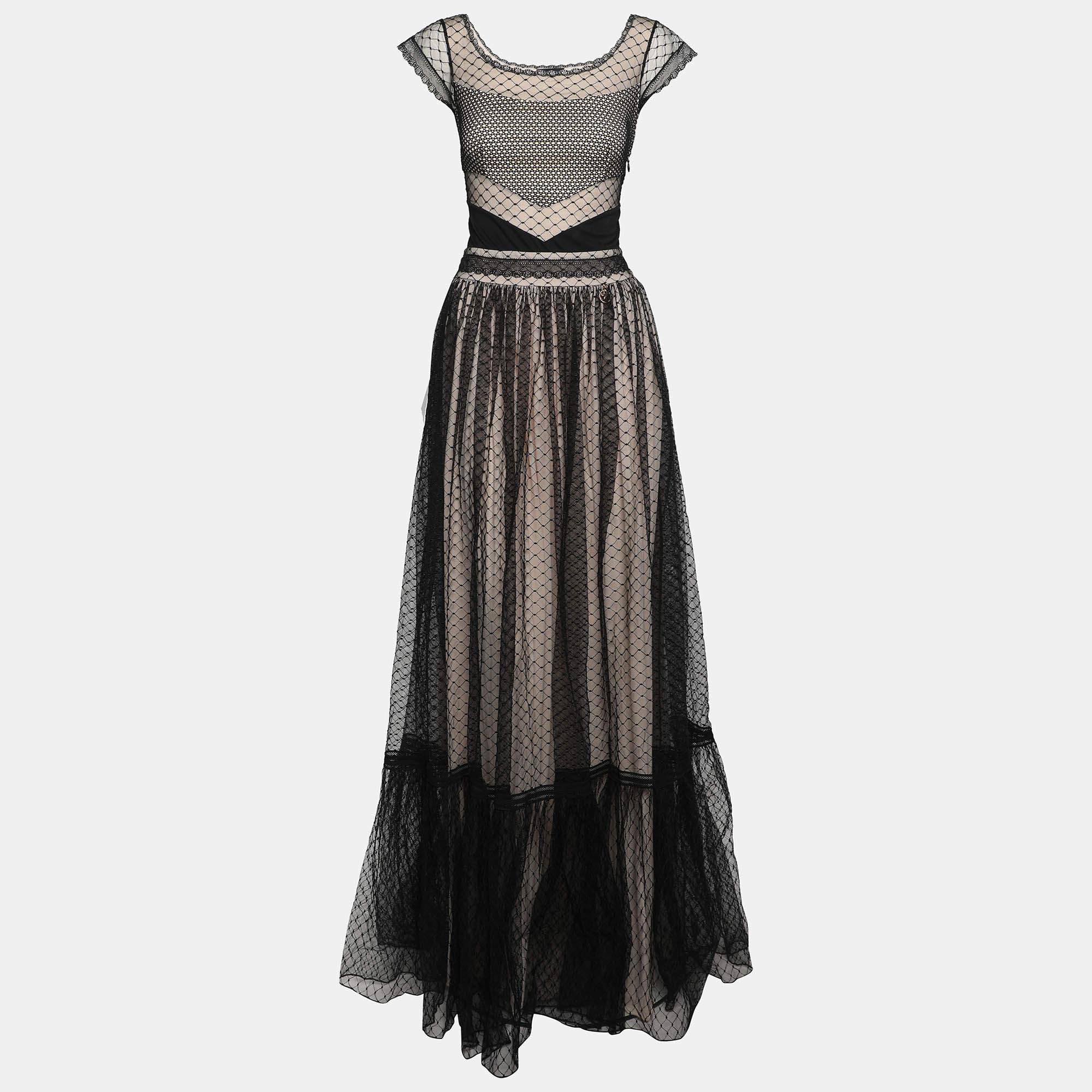 Pre Owned Class by Roberto Cavalli Black Tulle Panelled Maxi Dress L