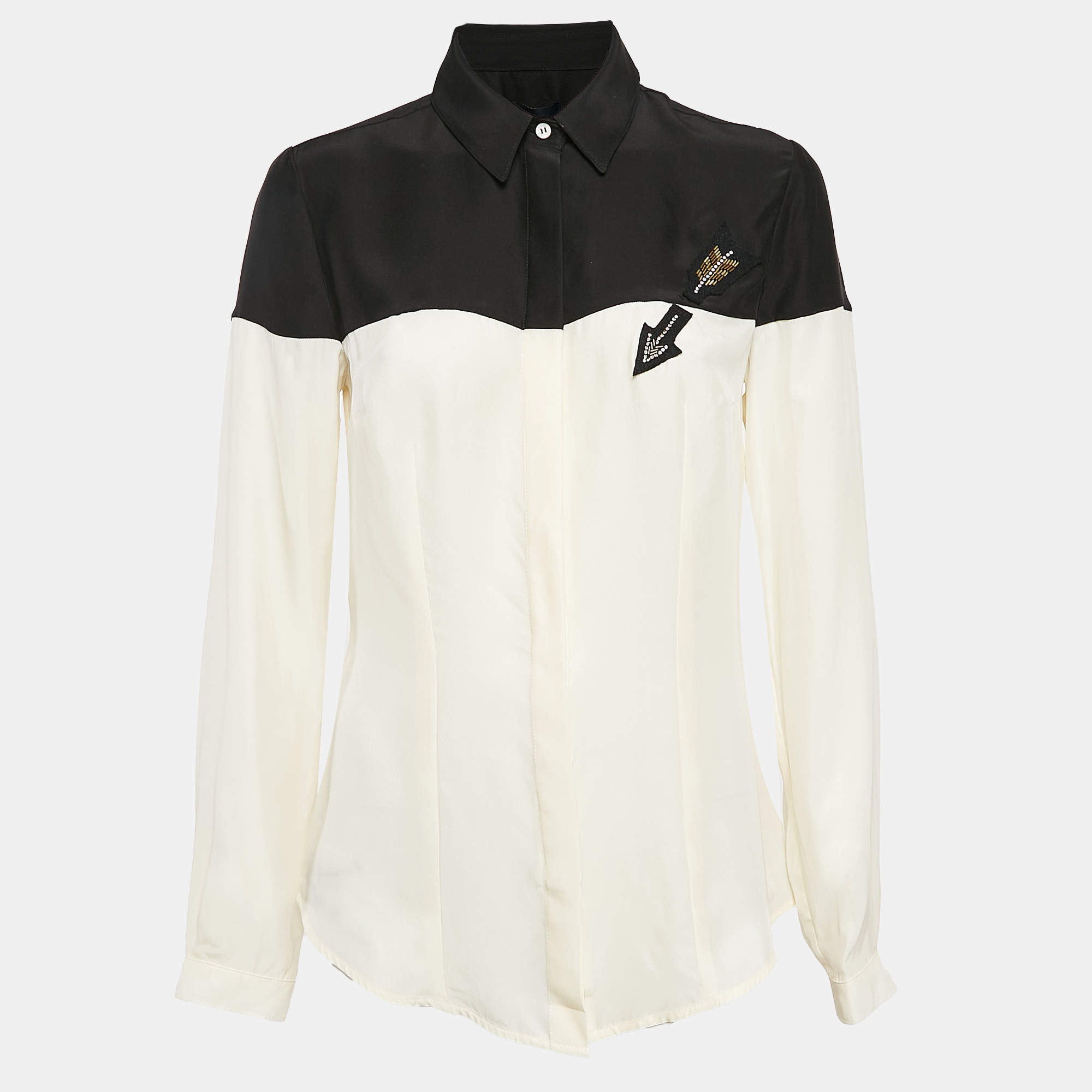Pre Owned Class by Roberto Cavalli Black/Cream Sateen Silk Embellished Arrow Shirt M