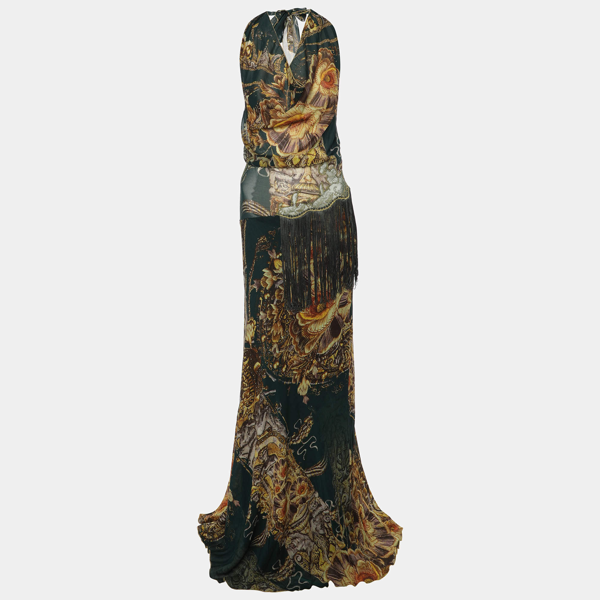 Pre Owned Class by Roberto Cavalli Green Printed Silk Lace Halter Neck Dress M