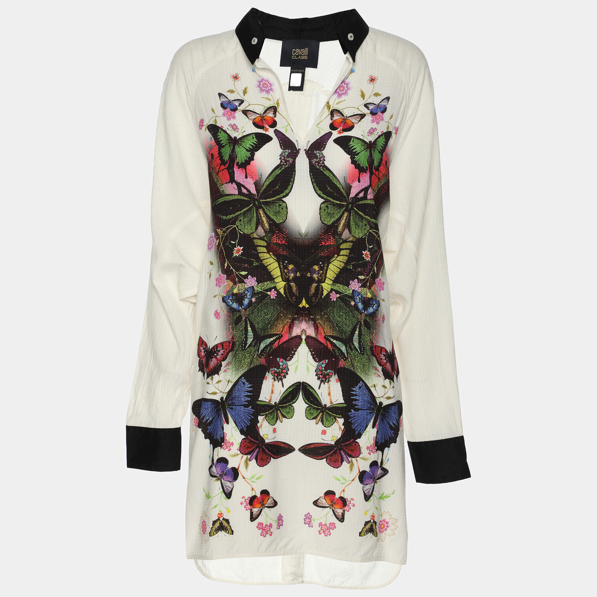Class by Roberto Cavalli White Floral Print Viscose Long Sleeve Tunic M