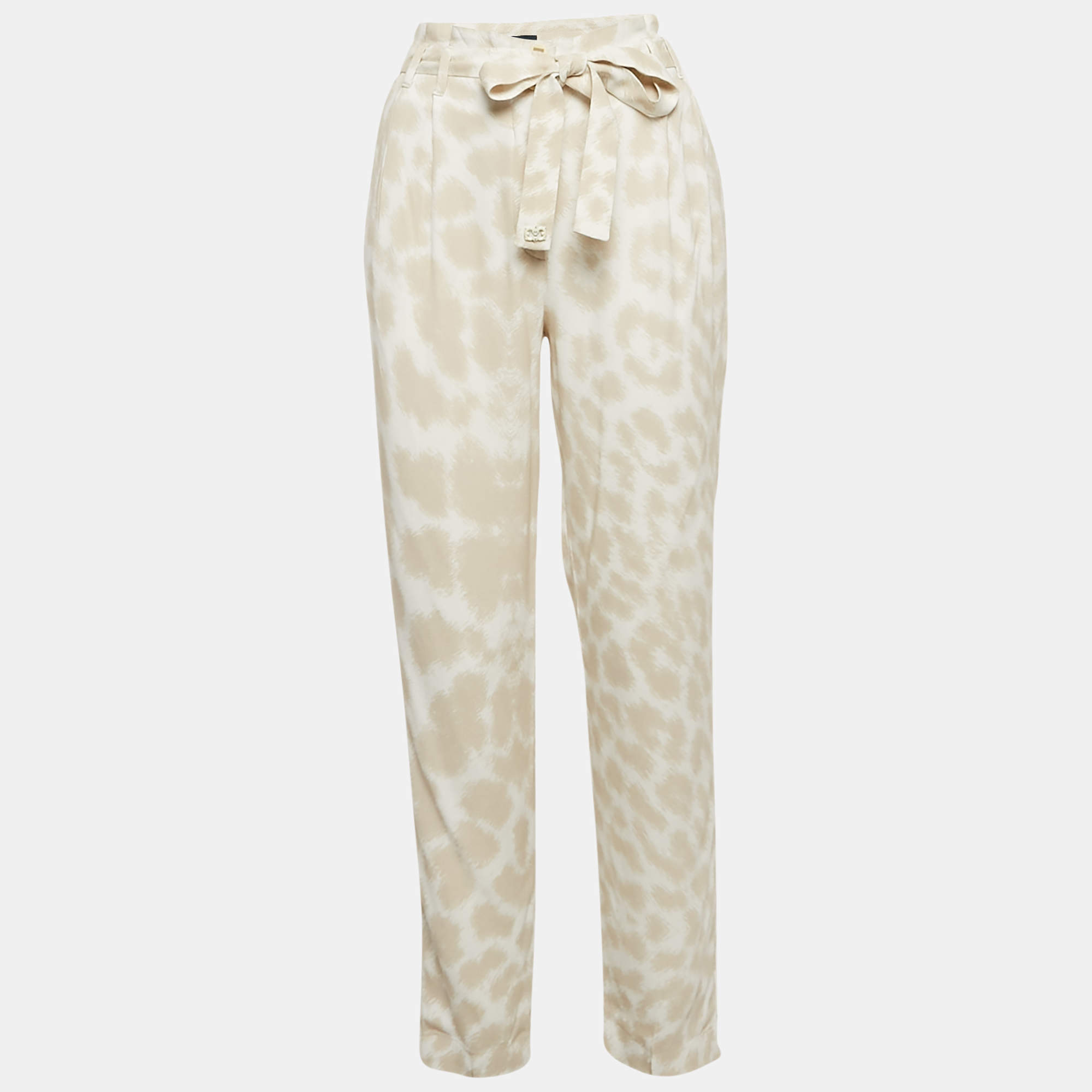 مملوكة مسبقًا Class by Roberto Cavalli Beige/White Printed Crepe Belted Pants S