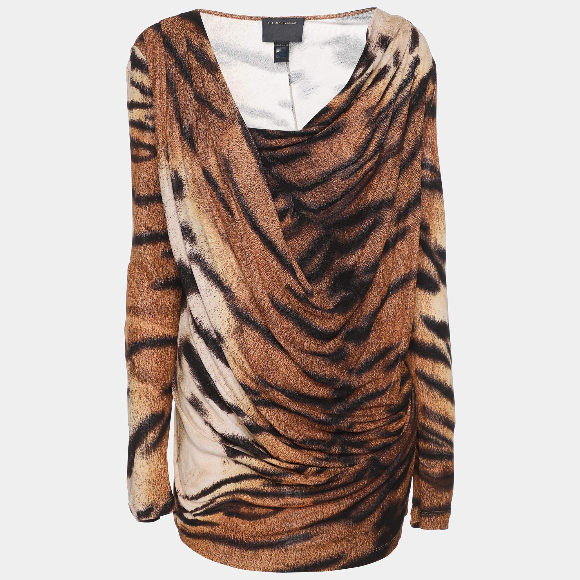 Class by Roberto Cavalli Beige Animal Print Knit Draped Top M