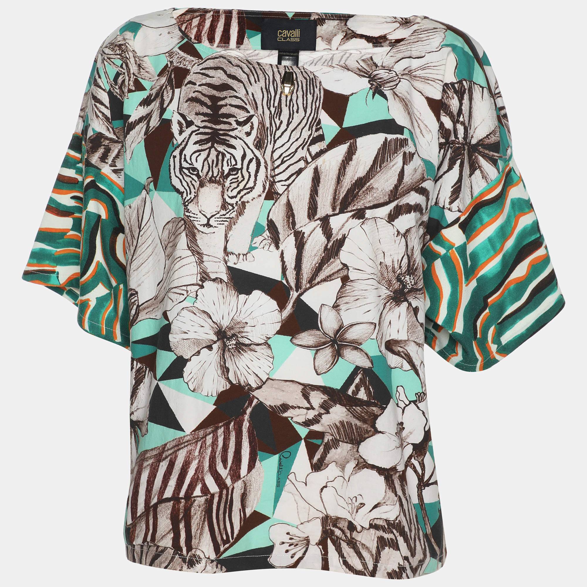 Class by Roberto Cavalli Multicolor Cotton Blend Jungle Print Top S