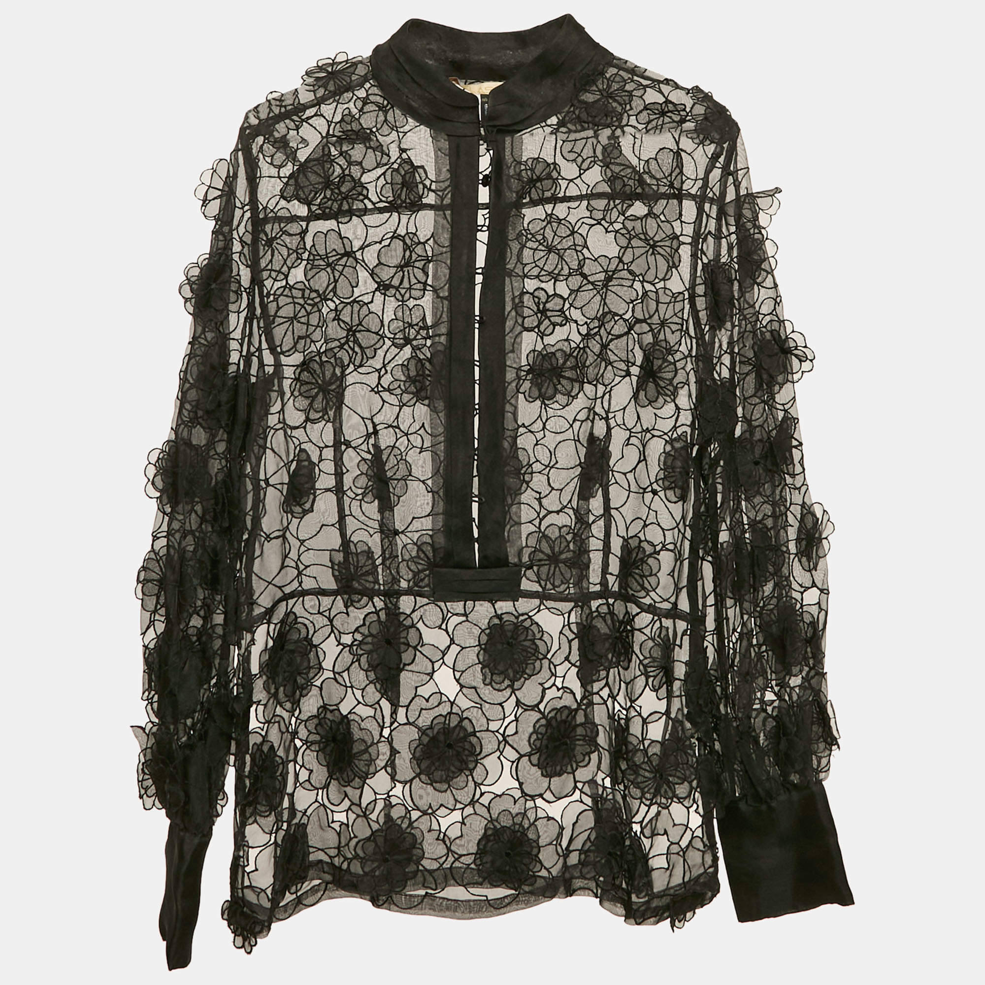 Class by Roberto Cavalli Black Organza Floral Applique and Cut-Out Sheer Blouse M