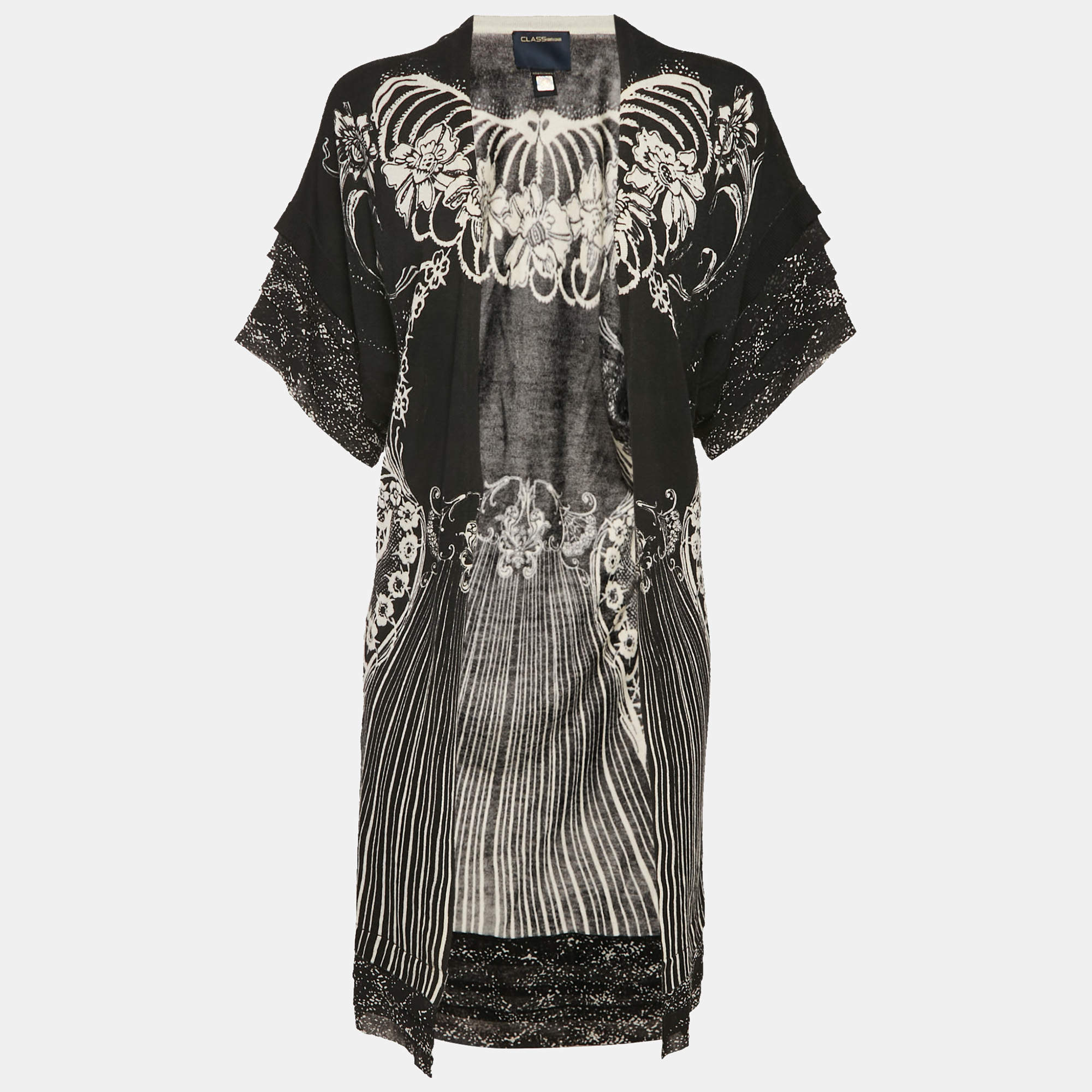 Pre Owned Class by Roberto Cavalli Black Printed Knit Silk Trim Cardigan S