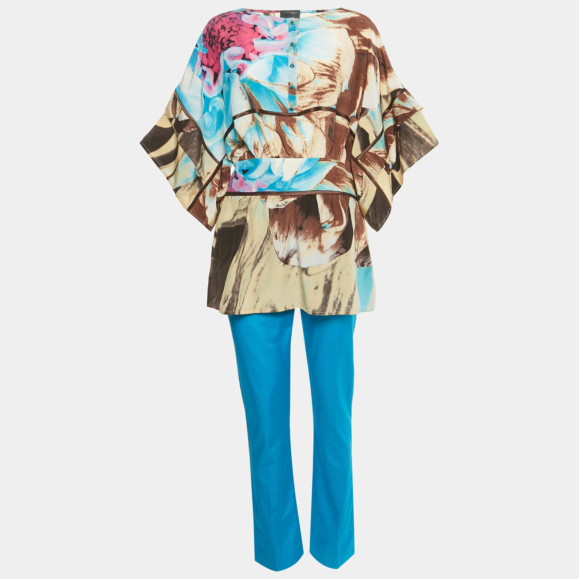 Pre Owned Class by Roberto Cavalli Multicolor Printed Silk Top & Taffeta Pant Set M