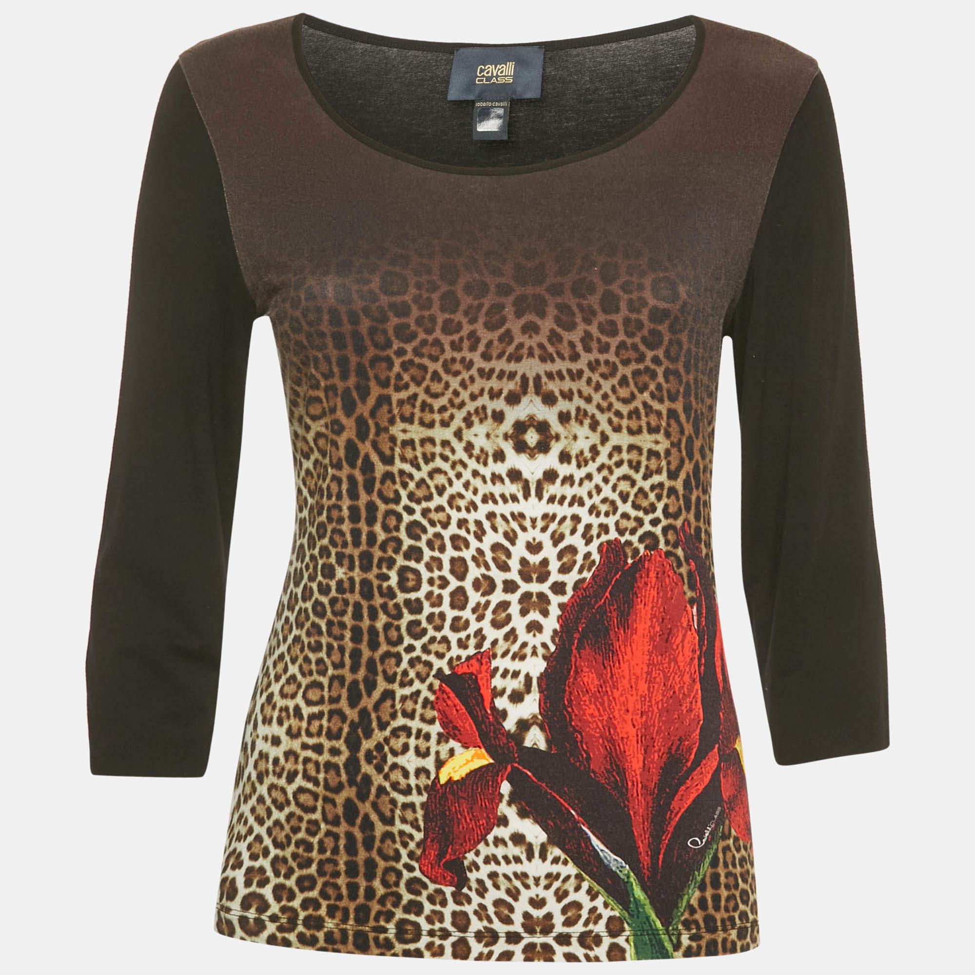 مملوكة مسبقًا Class by Roberto Cavalli Black Printed Jersey Long Sleeve Top S
