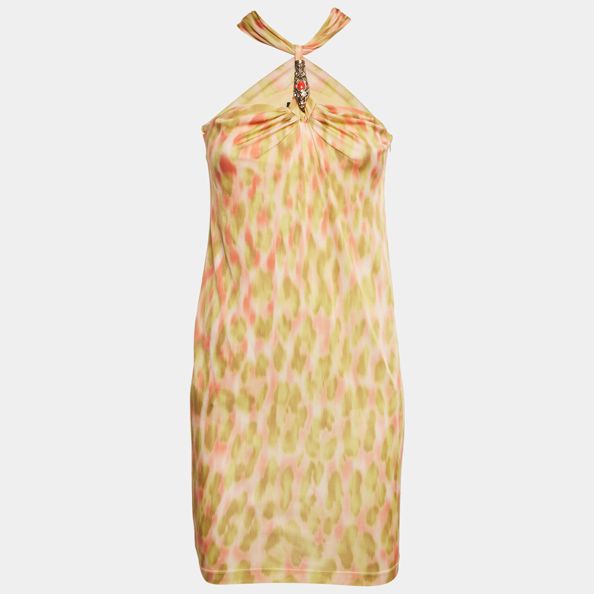 Pre Owned فستان كلاس باي روبرتو كافالي جيبرسية نيون مع طباعة ملونة قصير بحمالات صغيرة