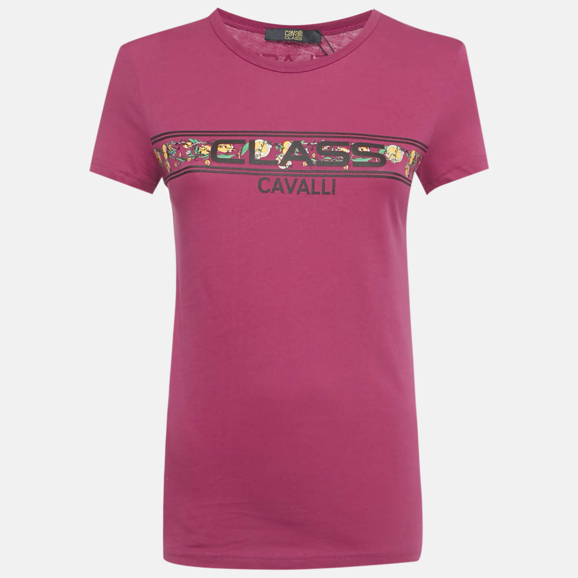 Pre Owned Class by Roberto Cavalli Pink Lemon Print Jersey T-Shirt XS