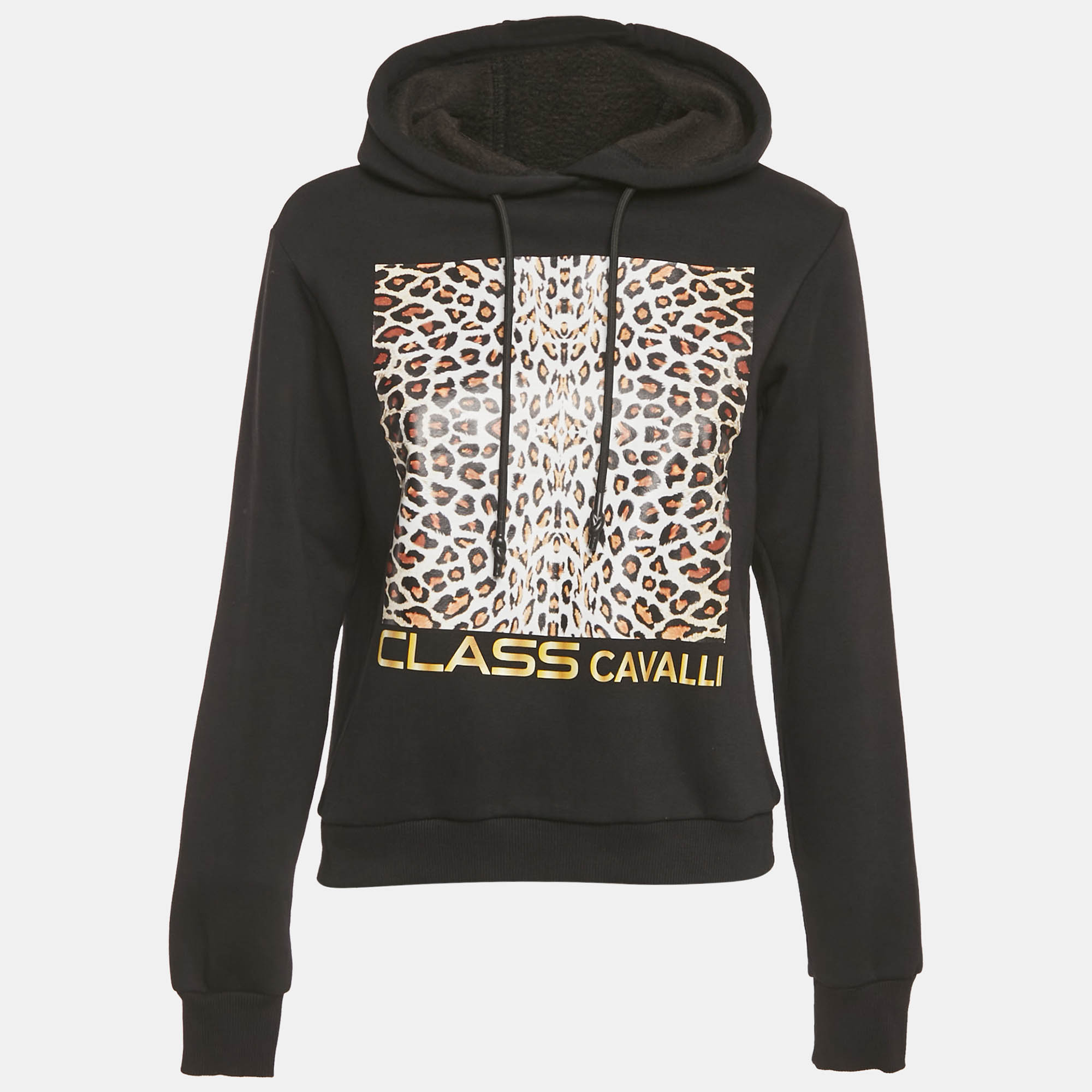 Pre Owned Class by Roberto Cavalli Black Leopard Print Cotton Hoodie XS