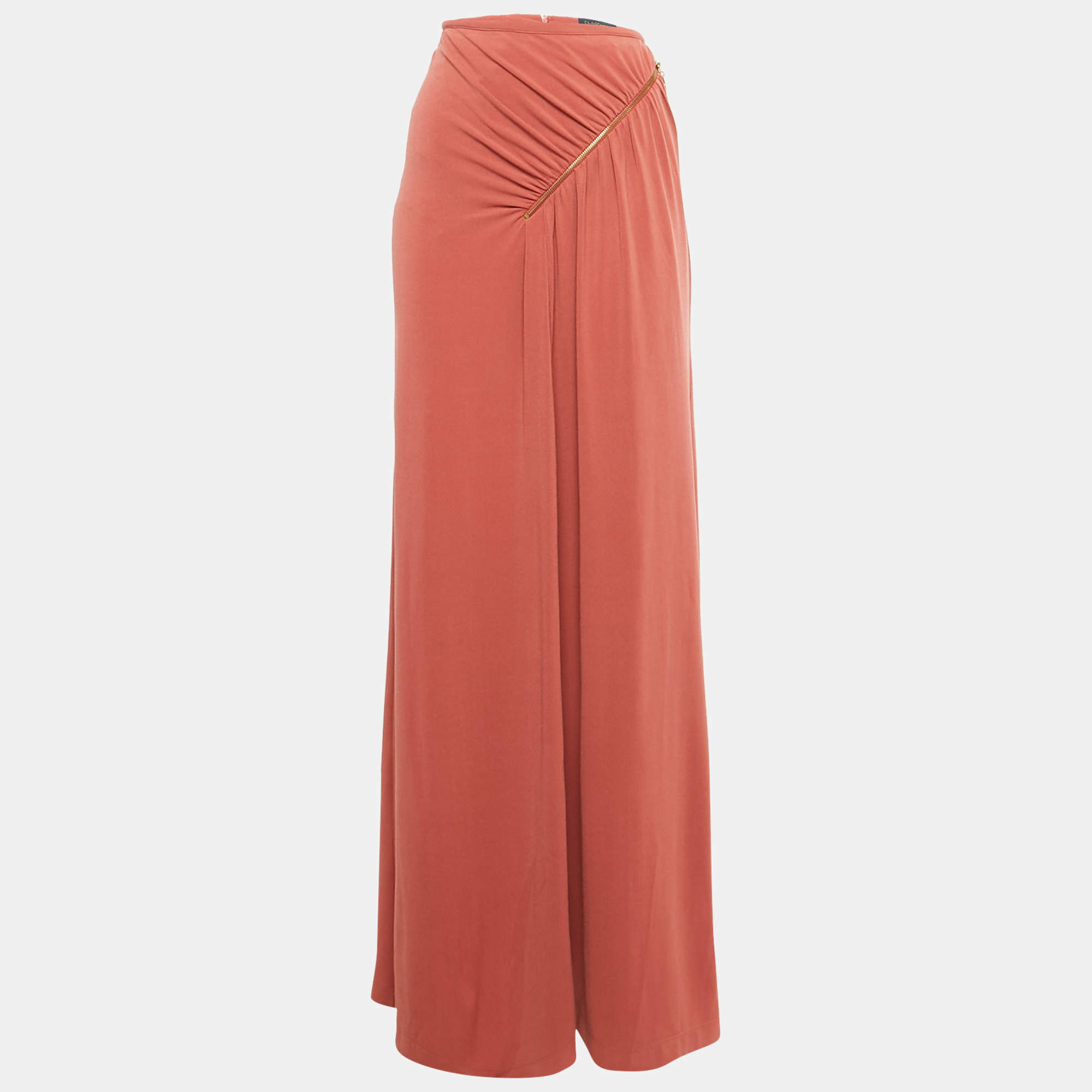 Pre Owned Class by Roberto Cavalli Brick Red Jersey Ruched Zipper Detail Midi Skirt L