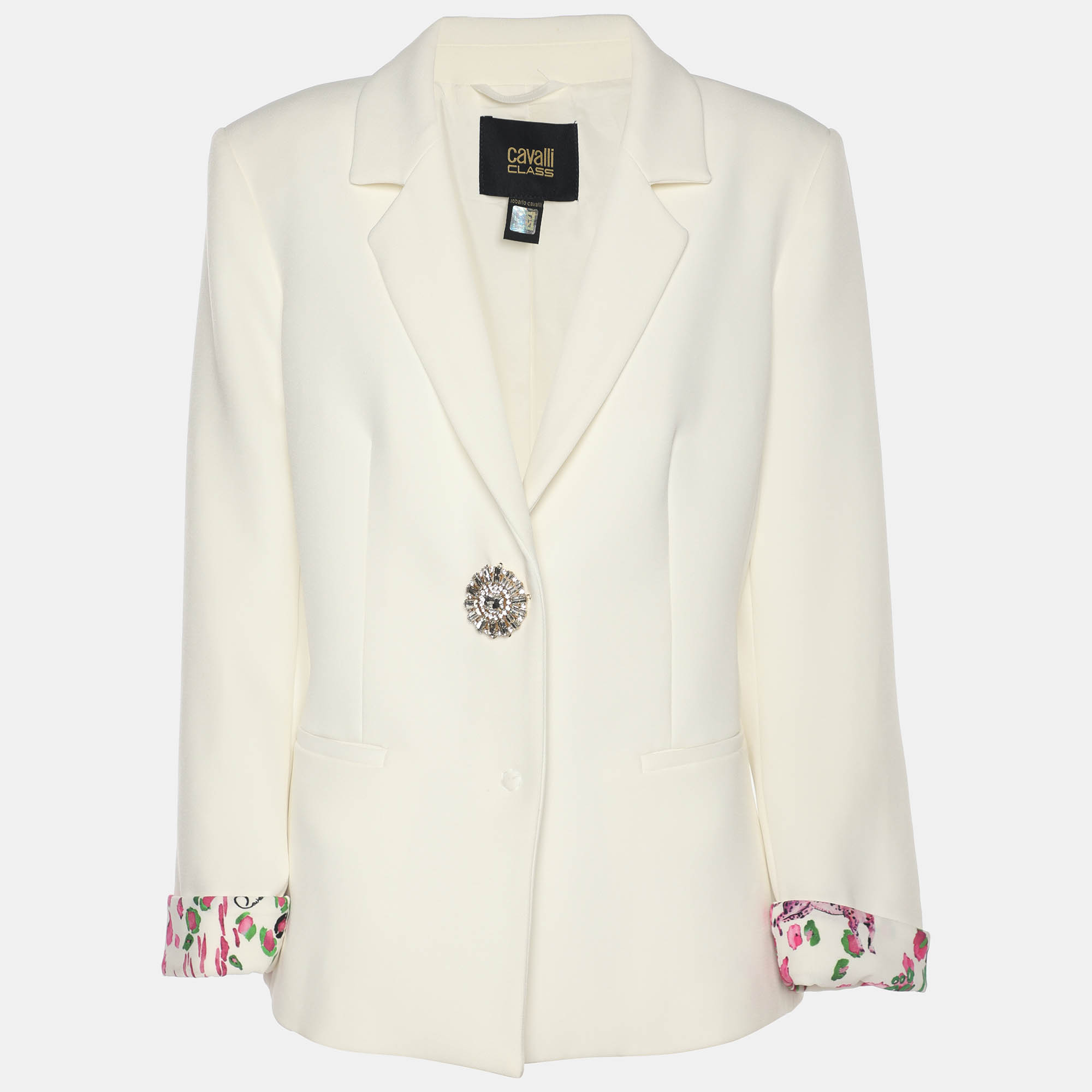 Pre Owned Class by Roberto Cavalli Cream Stretch Crepe Single Breasted Blazer M