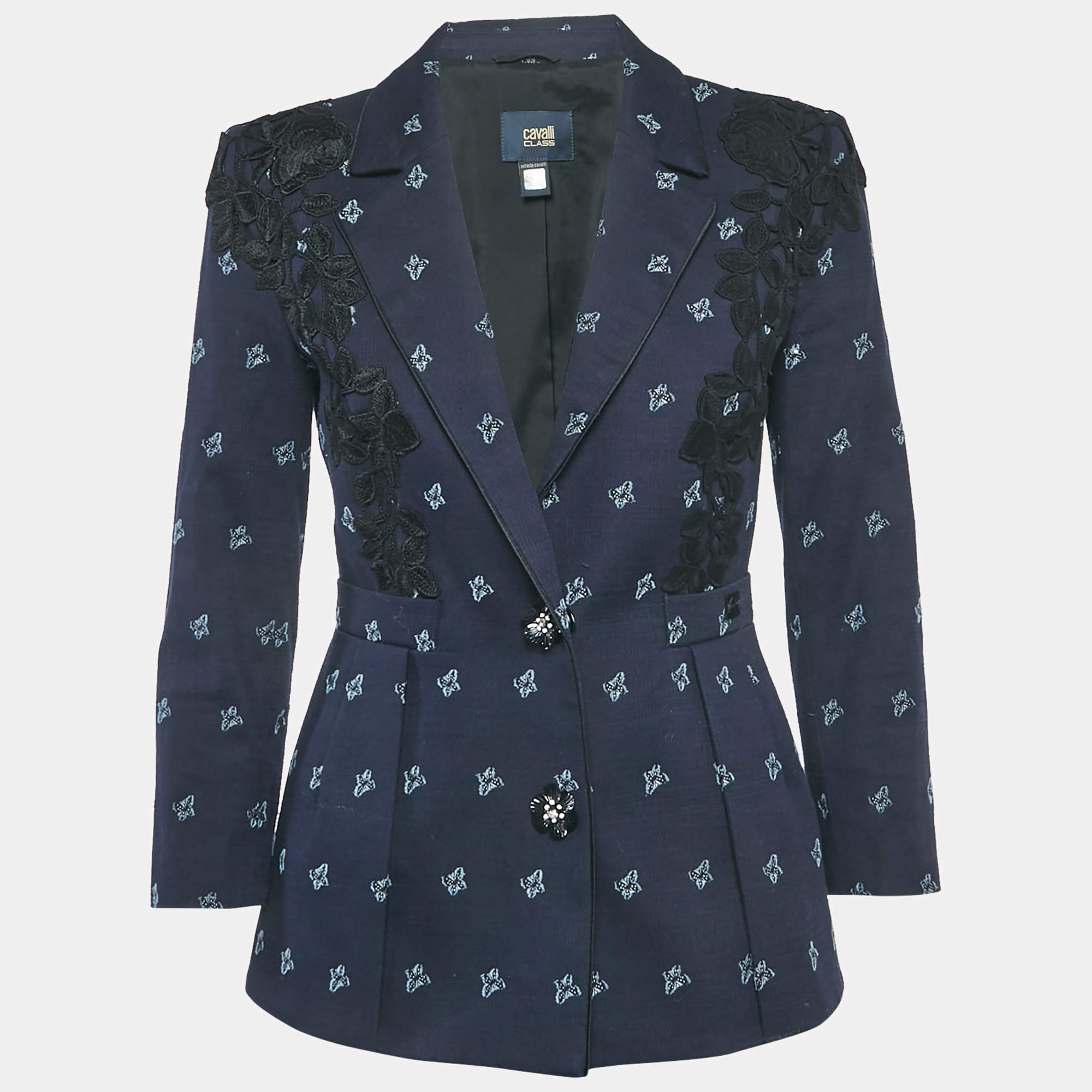 Pre Owned Class by Roberto Cavalli Navy Blue Cotton Lace Detail Jacket S