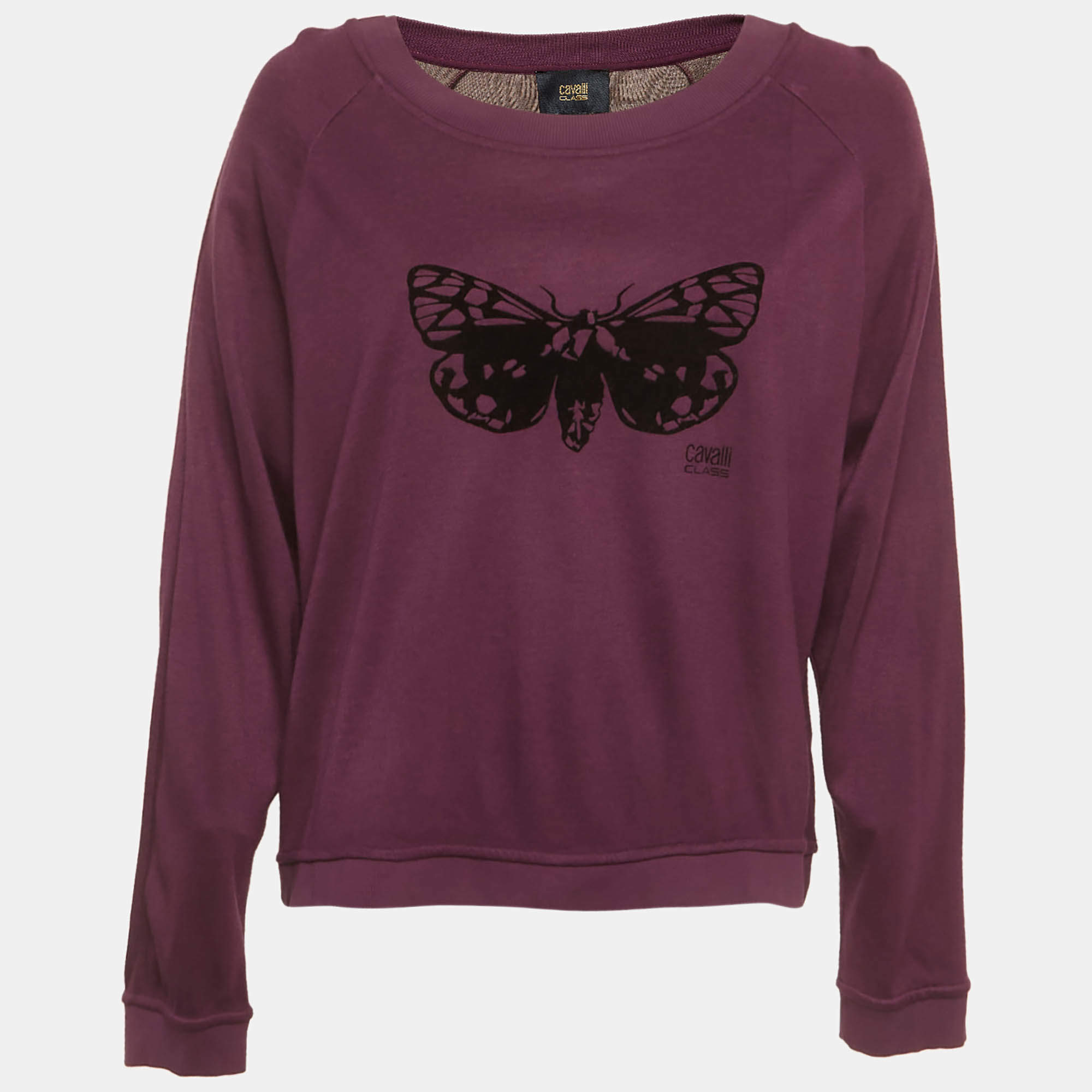 Pre Owned Cavalli Class Purple Butterfly Detail Knit Wide Neck Jumper L