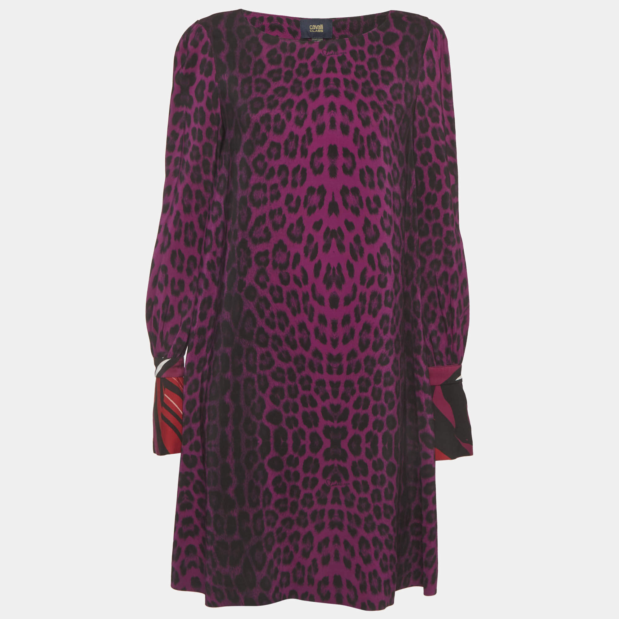 Pre Owned Cavalli Class Purple Printed Stretch Crepe Shift Dress M