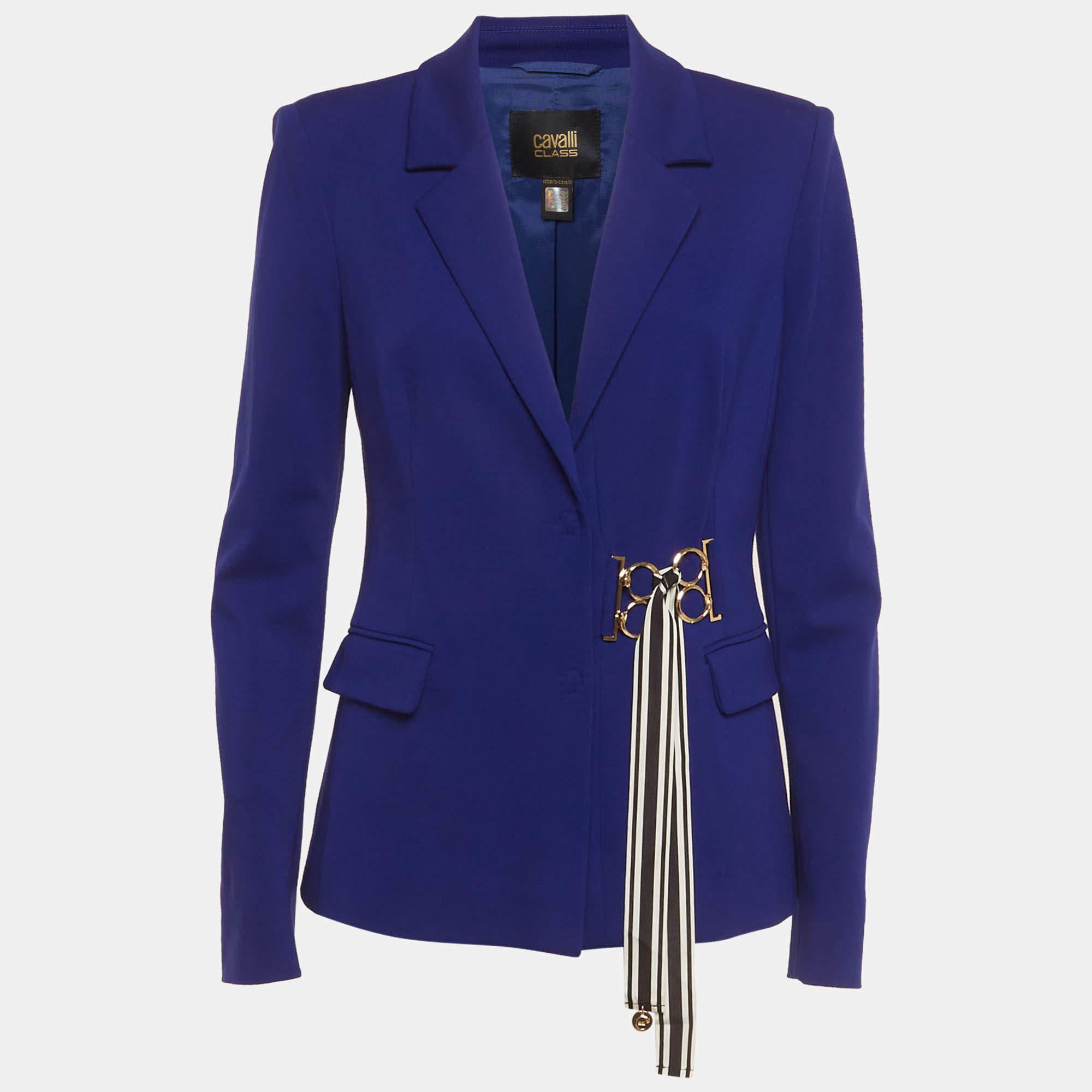 Pre Owned Cavalli Class Blue Stretch Knit Faux Belt Blazer M