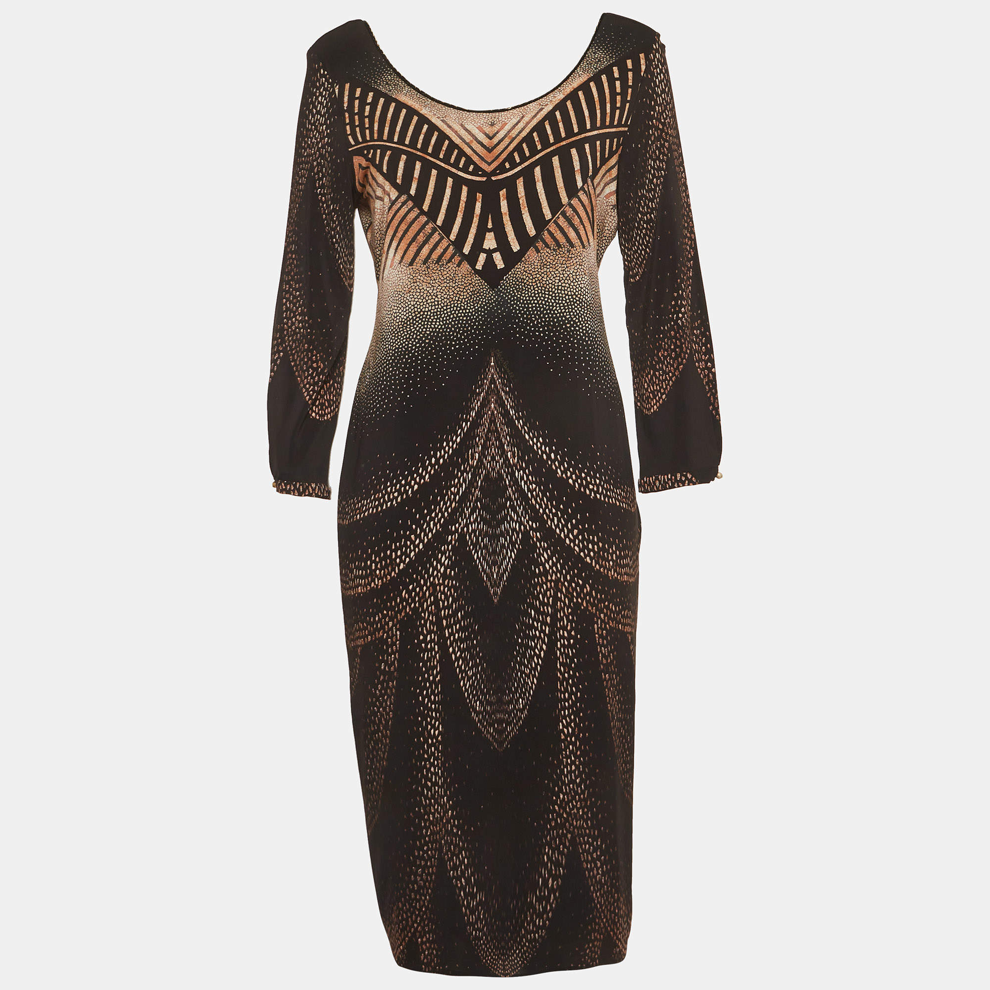 مملوكة مسبقًا Class by Roberto Cavalli Black/Beige Printed Jersey Mini Dress L