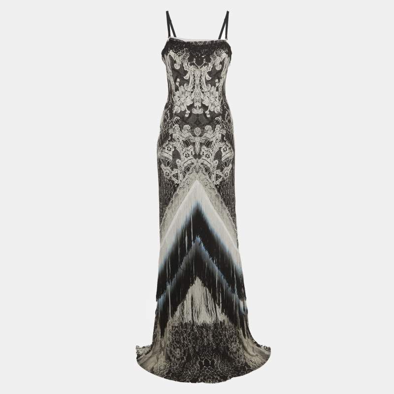 Pre Owned Class by Roberto Cavalli Monochrome Printed Jersey Fringed Maxi Dress M