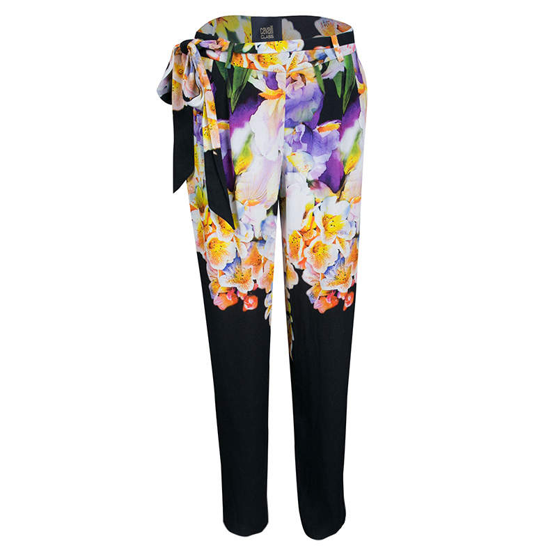 Cavalli Class Multicolor Floral Printed Loose Fit Belted Pants M