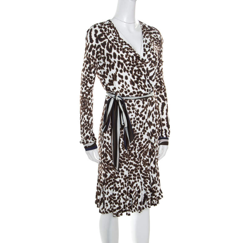 Pre Owned Class by Roberto Cavalli White Leopard Printed Knit Long Sleeve Wrap Dress M