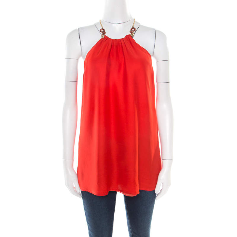 Class by Roberto Cavalli Red Silk Serpentine Detail Halter Top L