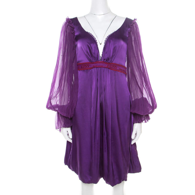 Pre Owned Class by Roberto Cavalli Purple Satin Embroidered Waist Detail Plunge Neck Dress M