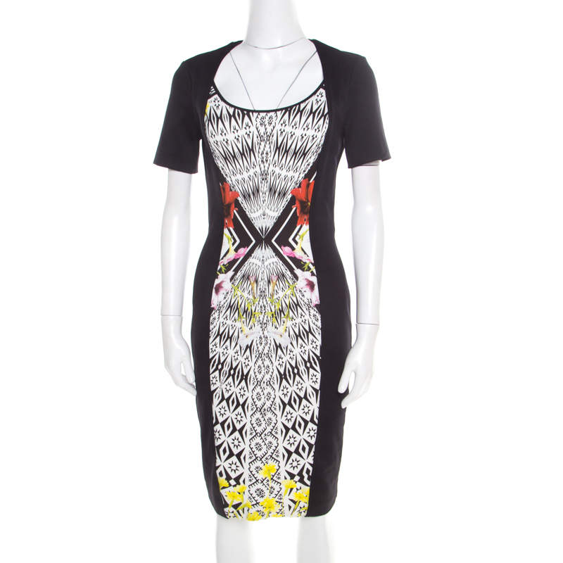 Pre Owned فستان روبرتو كافالي جاكا أسود طباعة متباينة أكمام قصيرة M