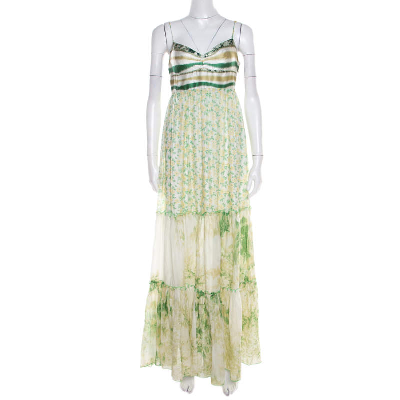 Class by Roberto Cavalli Green and White Printed Ruffled Detail Sleeveless Maxi Dress M
