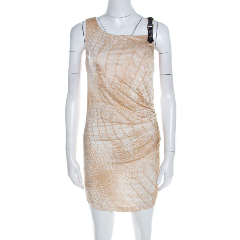 Class by Roberto Cavalli Beige Snakeskin Printed Leather Trim Ruched Fitted Dress M